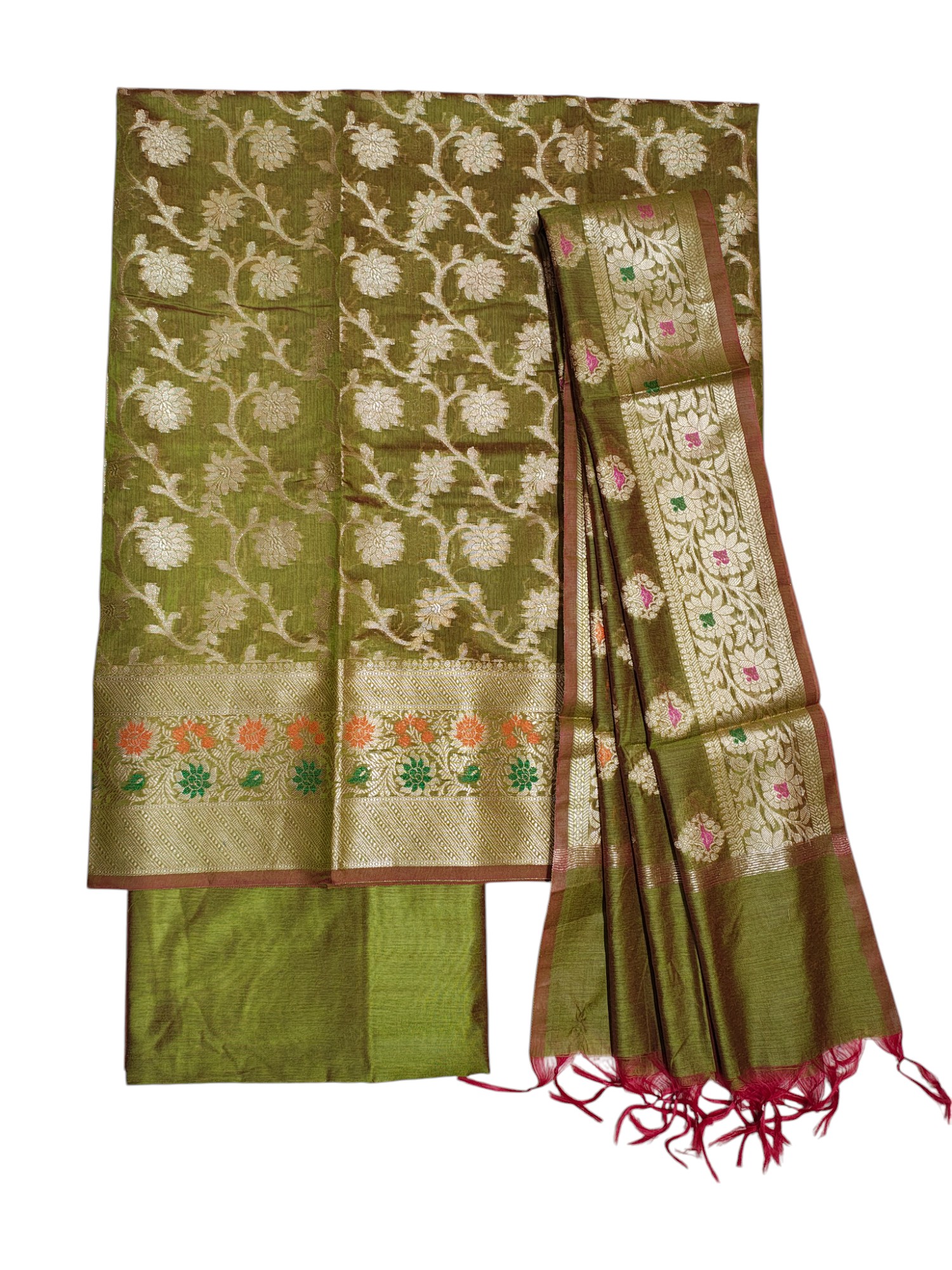 Green Unstitched Banarasi Brocade Cotton Silk Dress Material for Women