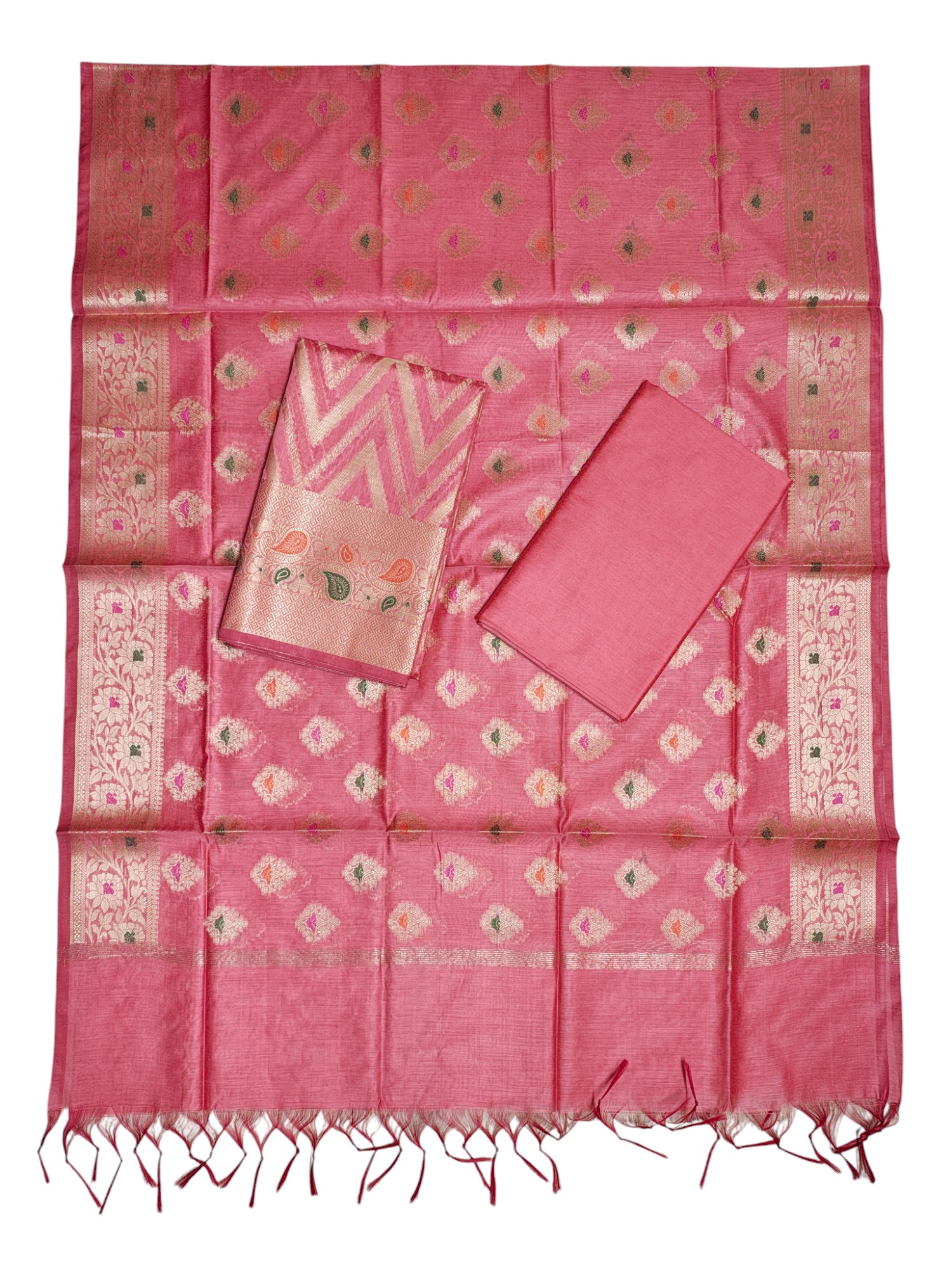 Pink Unstitched Banarasi Cotton Silk Salwar Suit Set with Dupatta for Women