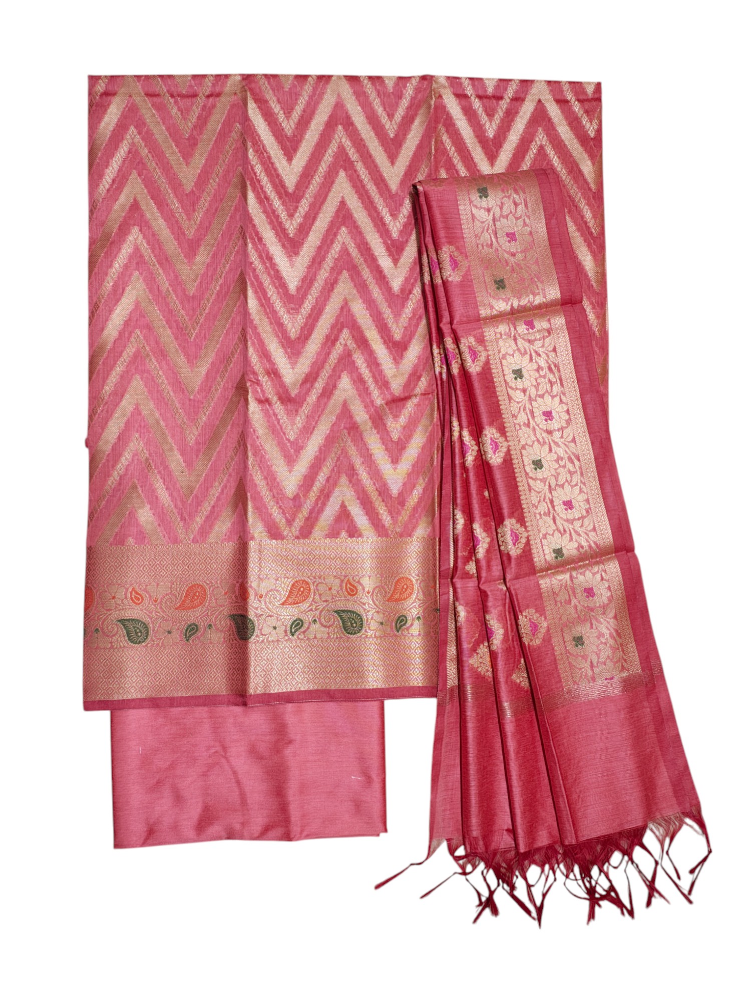 Pink Unstitched Banarasi Cotton Silk Salwar Suit Set with Dupatta for Women