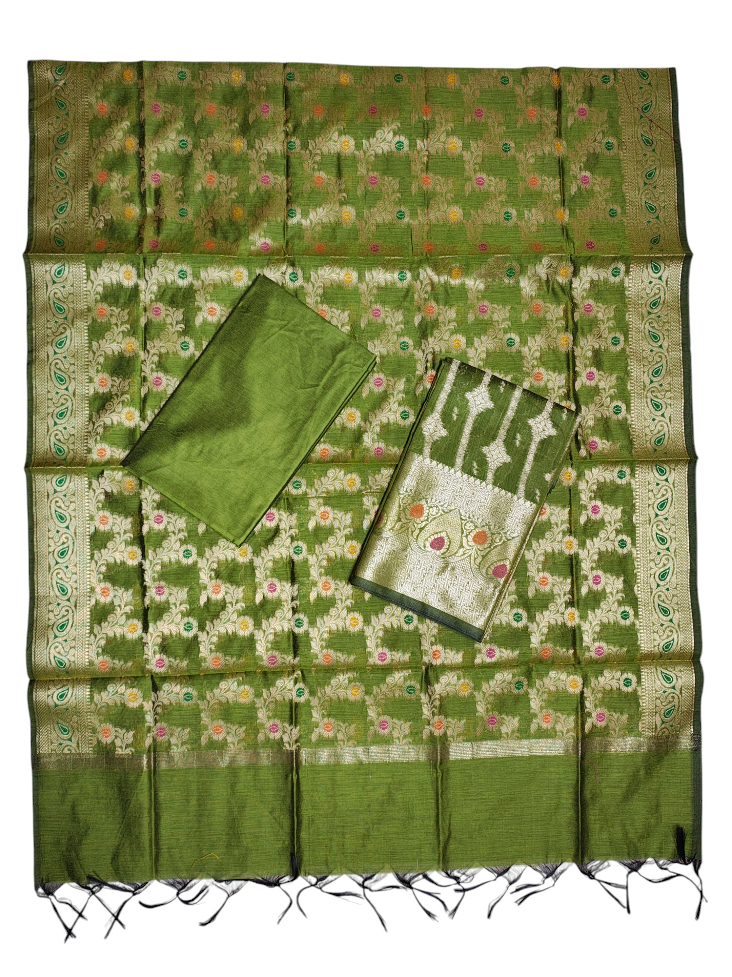 Olive Green Banarasi Cotton Silk Dress Material for Women