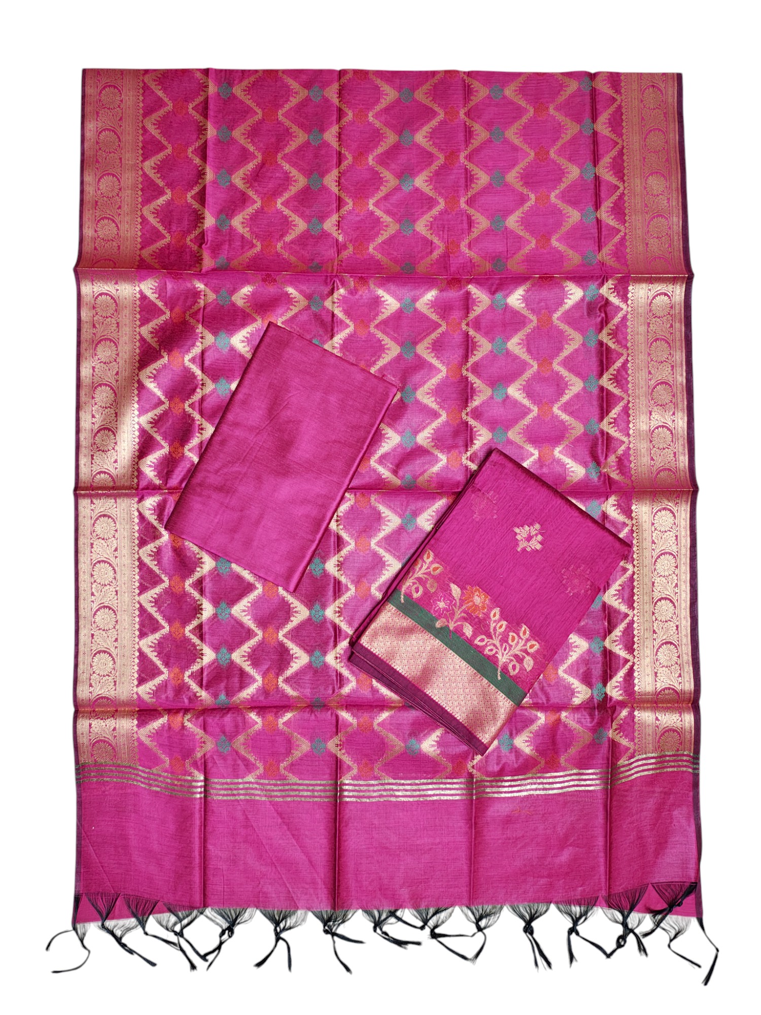 Dark Pink Unstitched Banarasi Cotton Silk Dress Material for Women