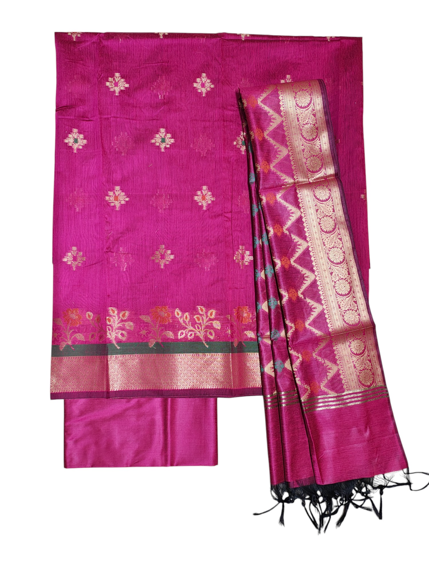 Dark Pink Unstitched Banarasi Cotton Silk Dress Material for Women