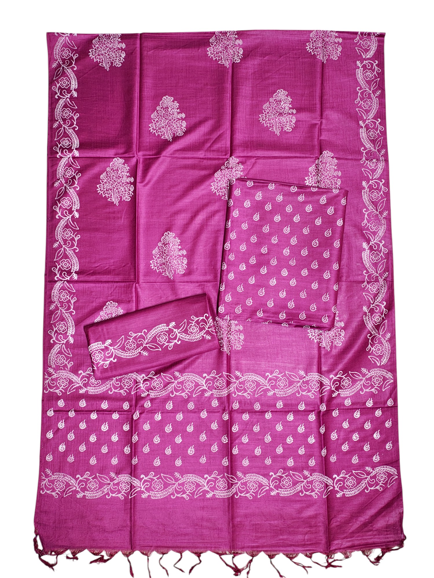 Batik Print Dark Pink Unstitched Katan Silk Salwar Suit Dress Material with Dupatta