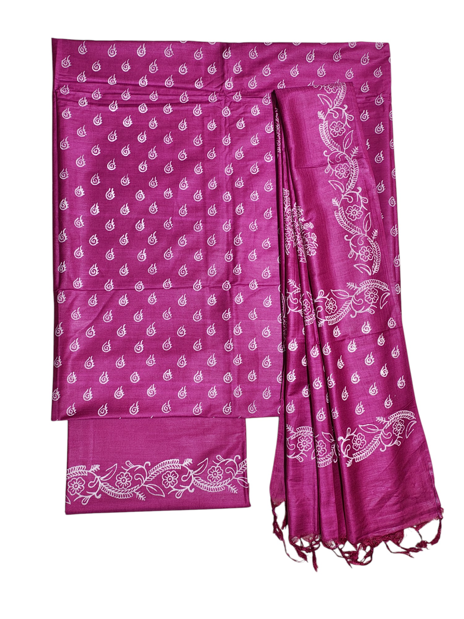 Batik Print Dark Pink Unstitched Katan Silk Salwar Suit Dress Material with Dupatta