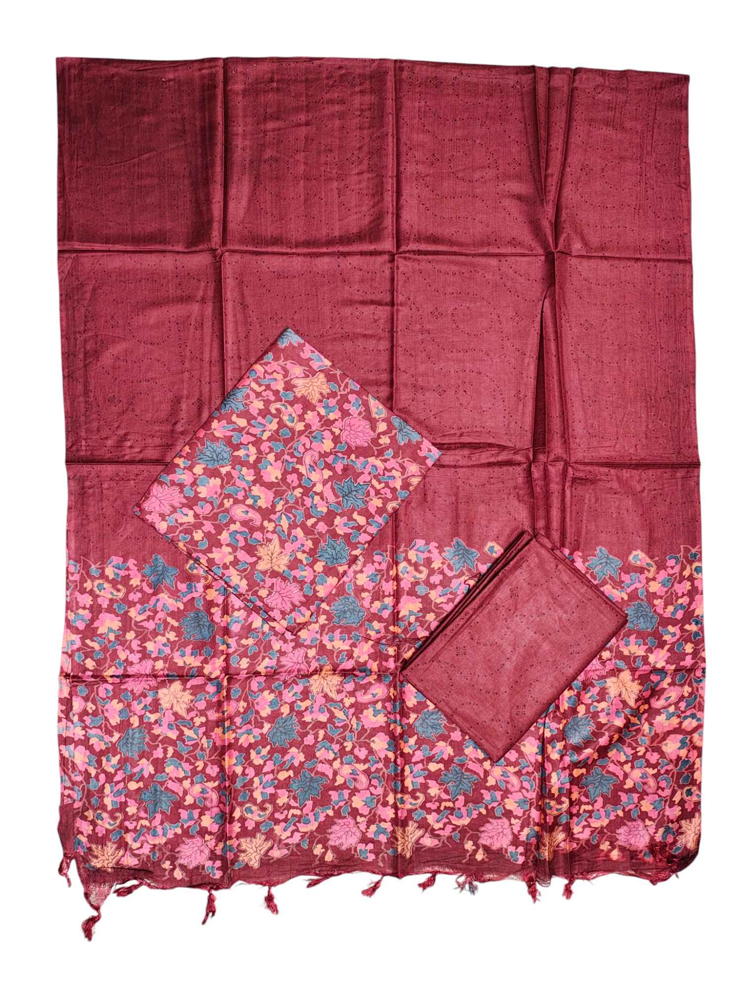 Maroon Ajrakh Block Print Silk Dress Material with Dupatta