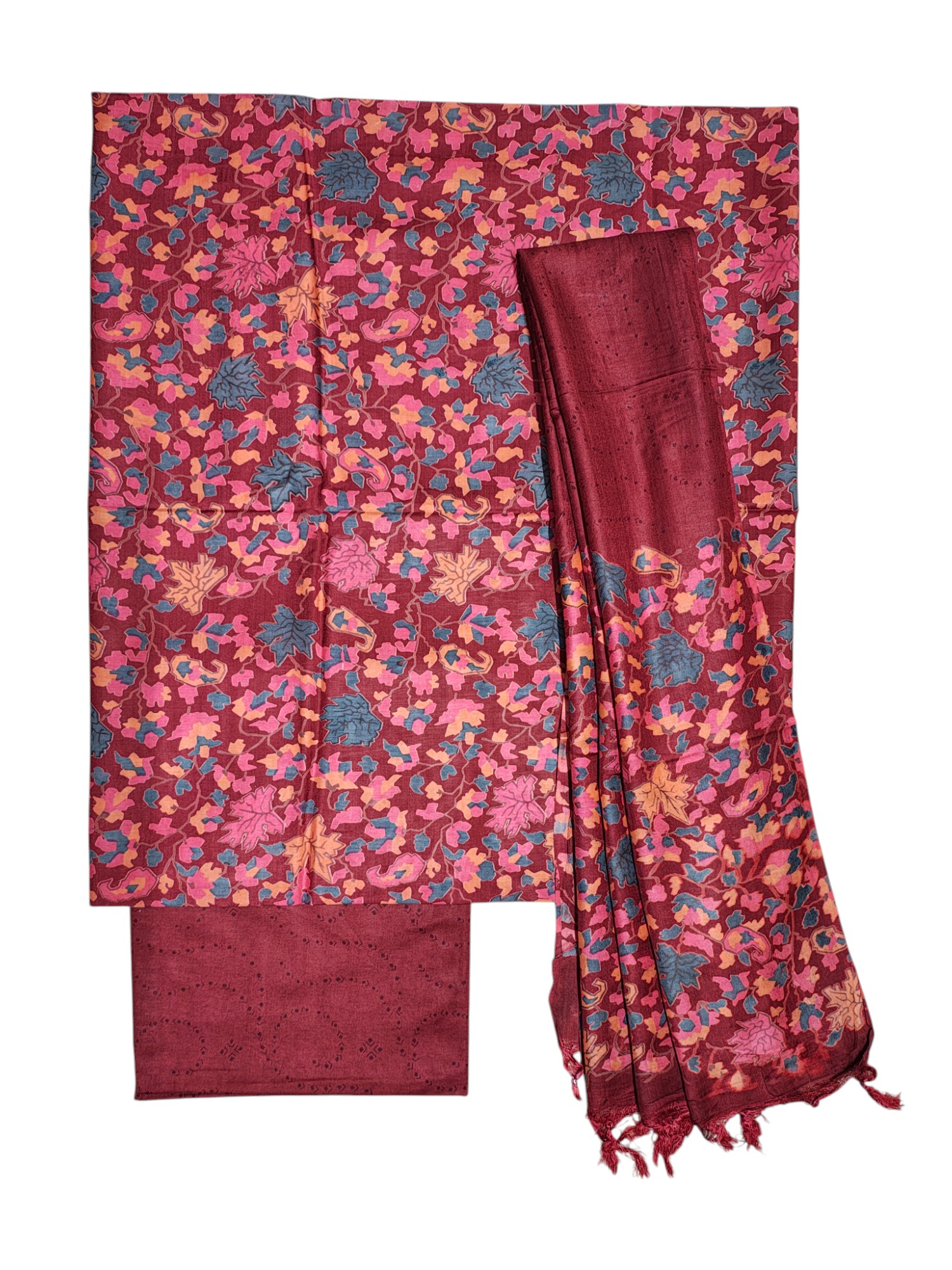 Maroon Ajrakh Block Print Silk Dress Material with Dupatta