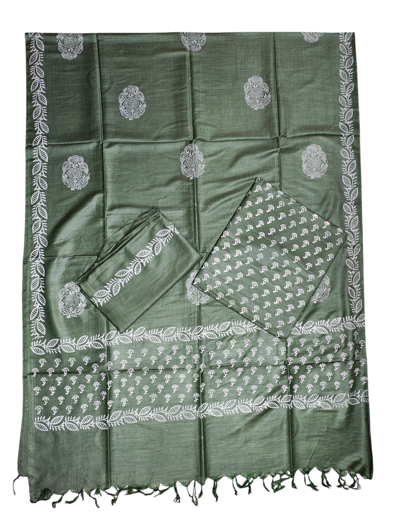 Green Unstitched Batik Print Silk Salwar Suit Dress Material with Dupatta