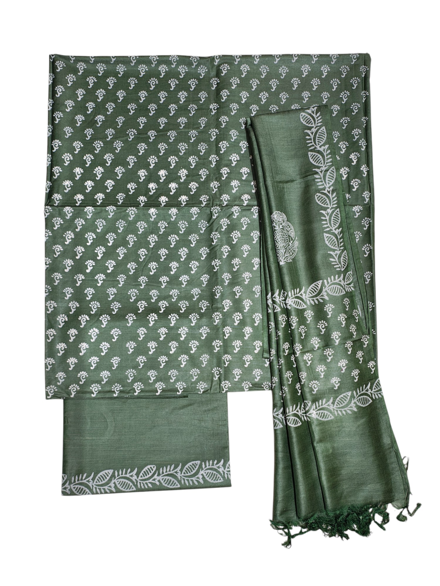 Green Unstitched Batik Print Silk Salwar Suit Dress Material with Dupatta