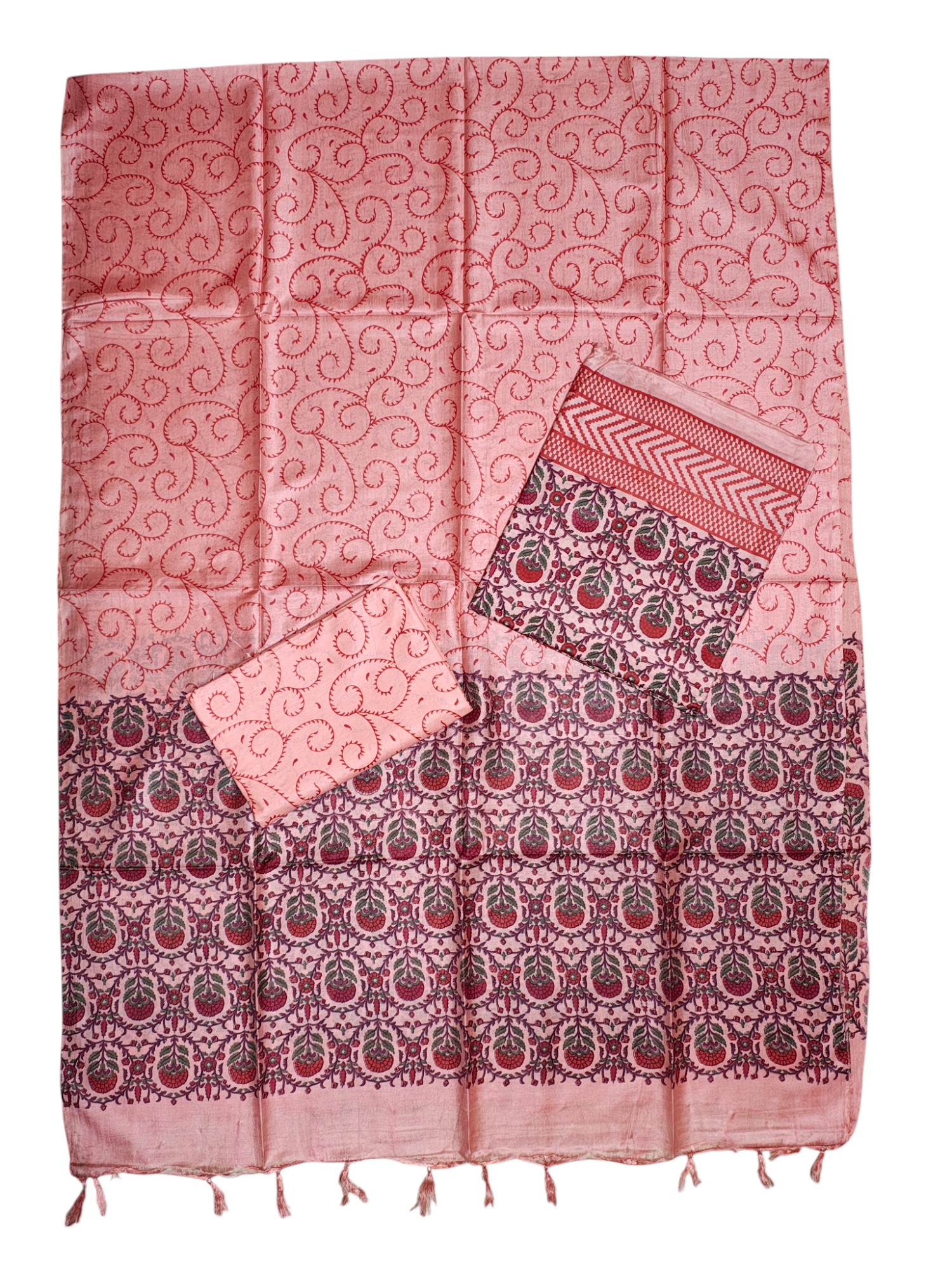 Peach Block Print Unstitched Silk Salwar Suit Dress Material with Dupatta