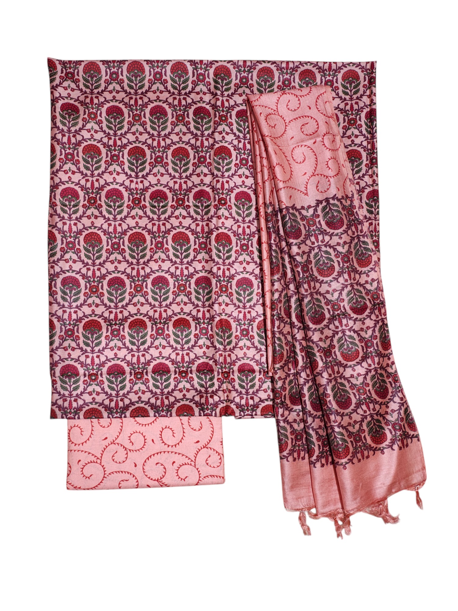 Peach Block Print Unstitched Silk Salwar Suit Dress Material with Dupatta