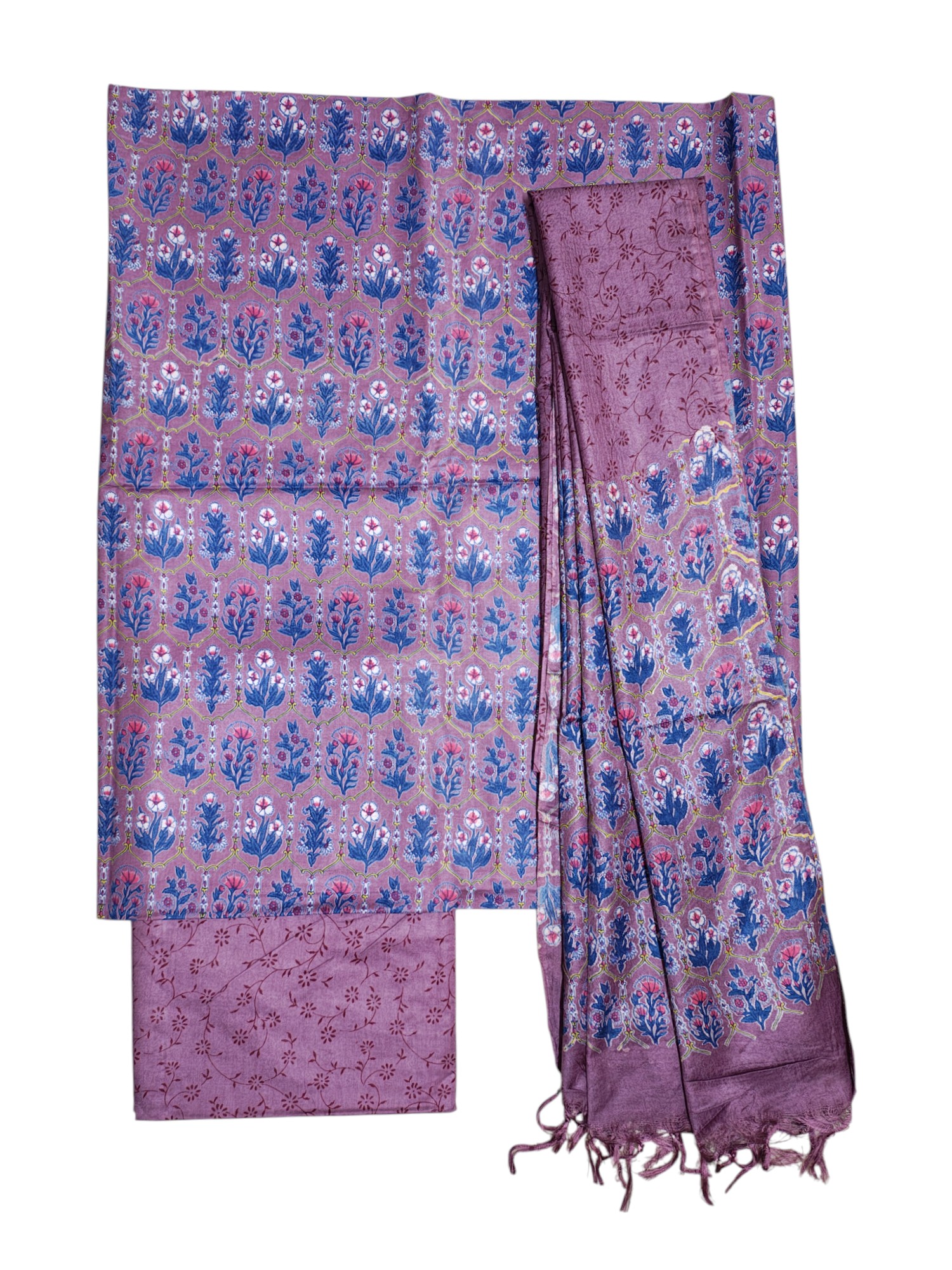 Light Plum Unstitched Block Print Silk Salwar Suit Dress Material with Dupatta