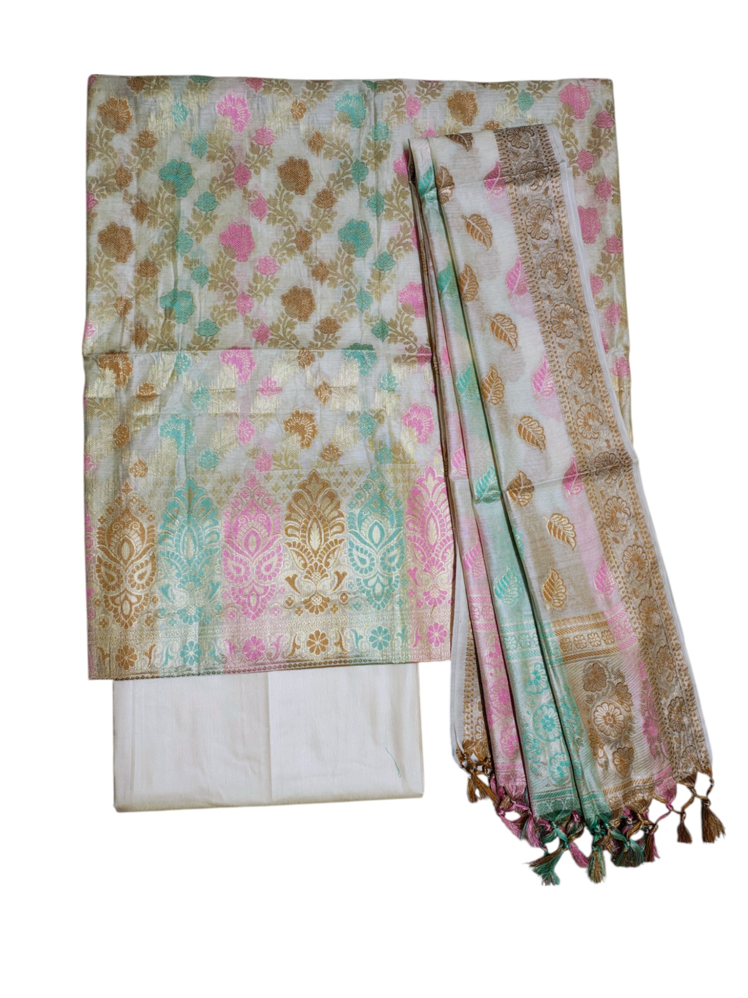 Off White Banarasi Silk Meenakari Dress Materials for Women