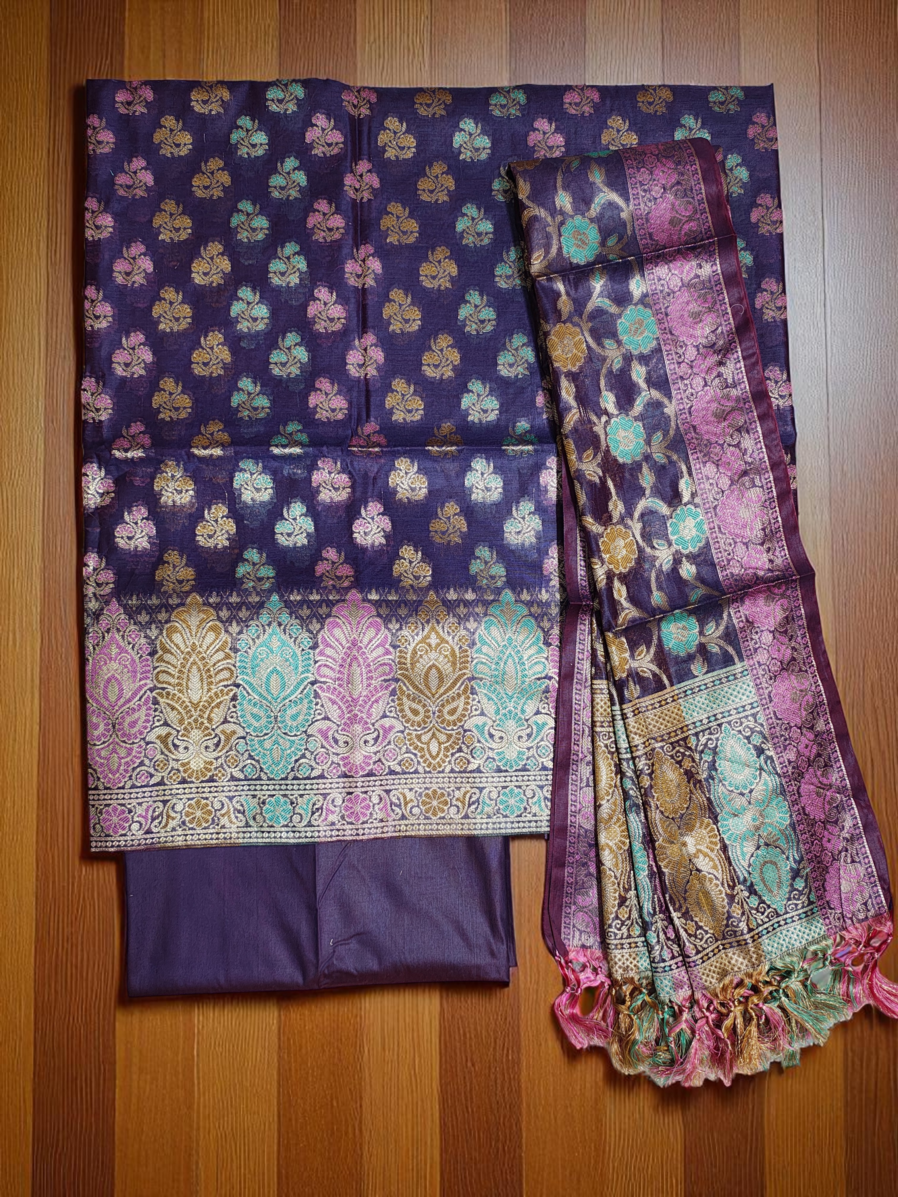 Lavender Banarasi Silk Meenakari Dress Materials for Women