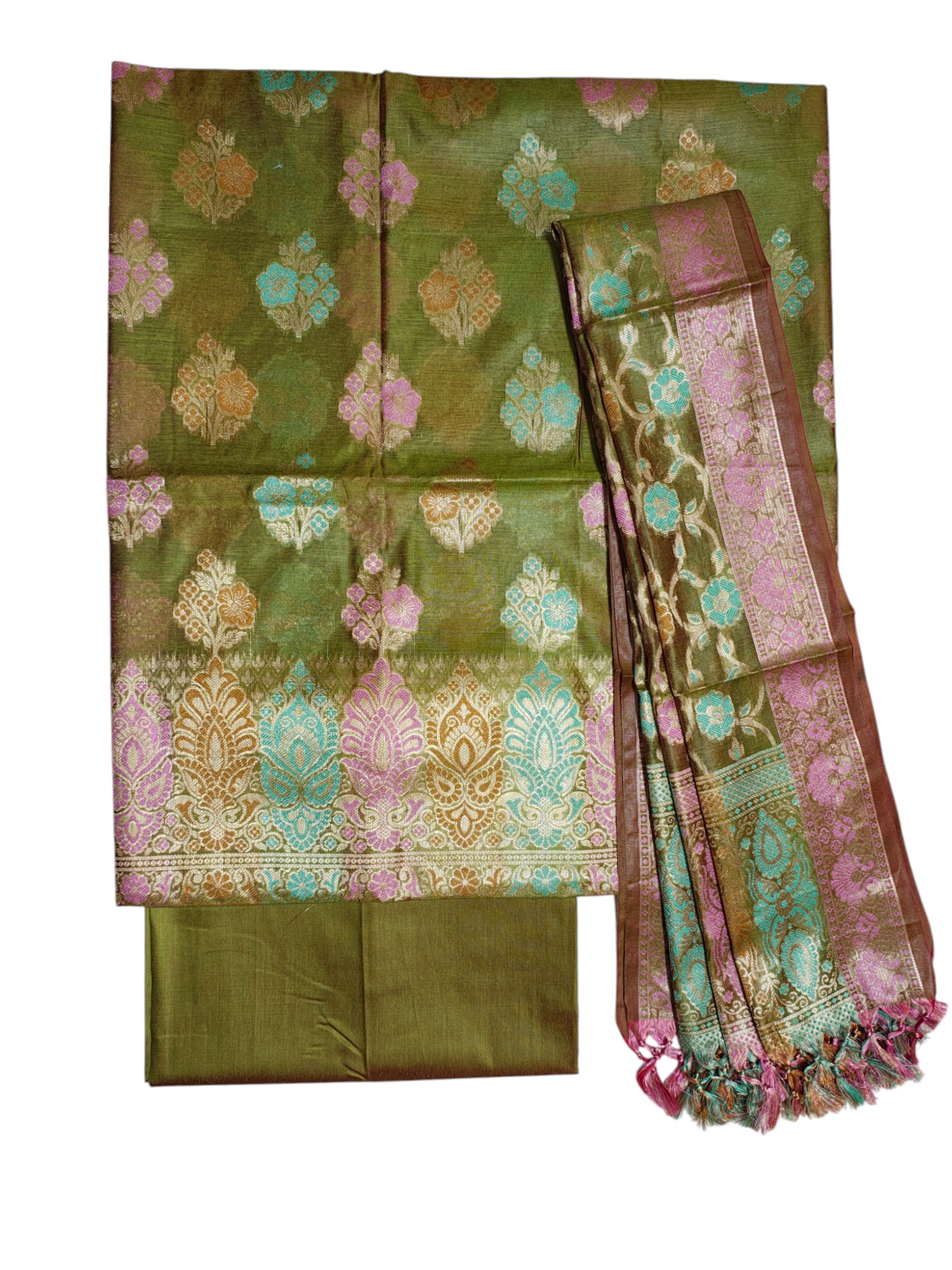 Green Banarasi Silk Meenakari Dress Materials for Women