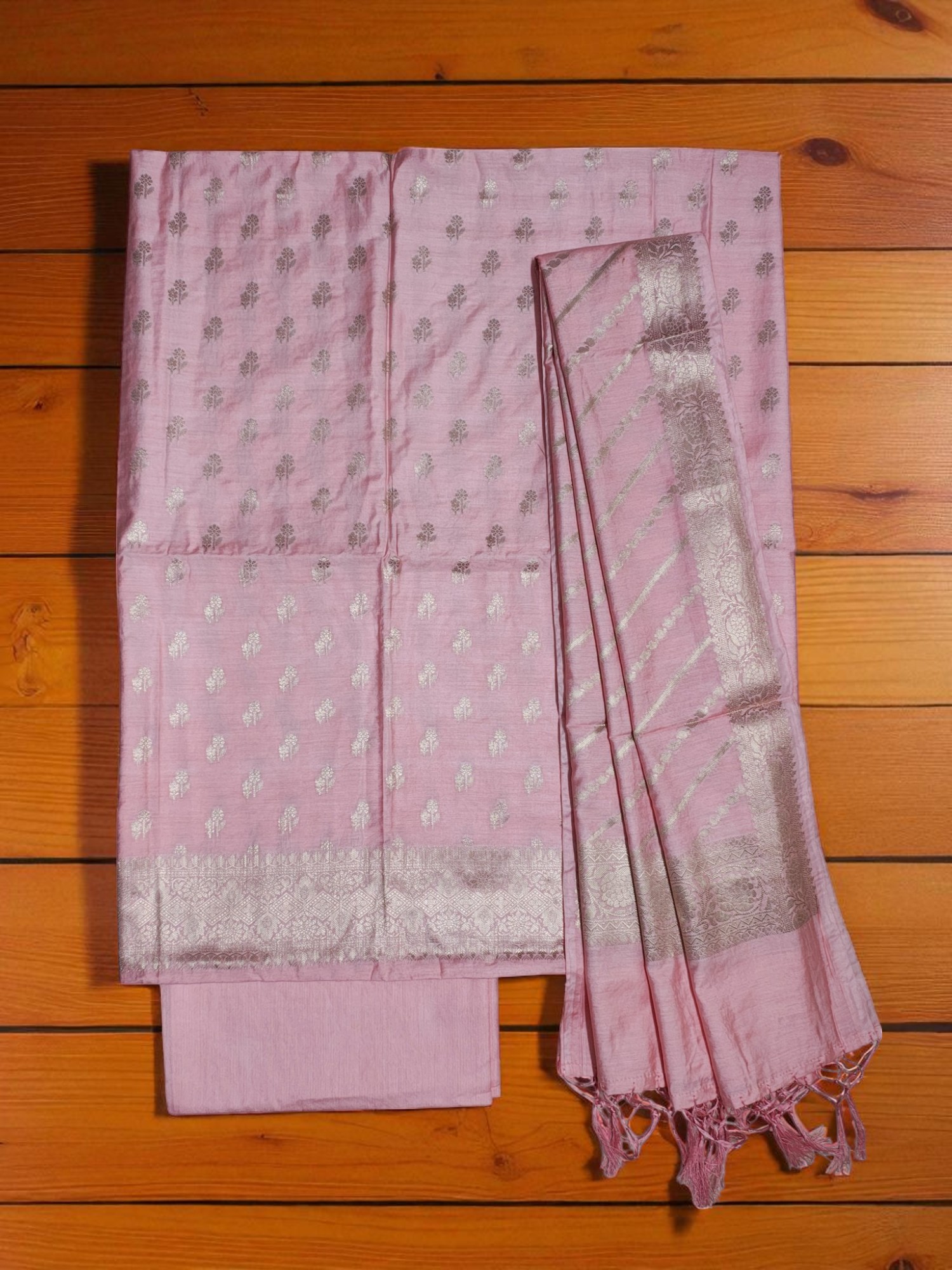 Baby Pink Banarasi Silk Unstitched Suit Set with dupatta for Women