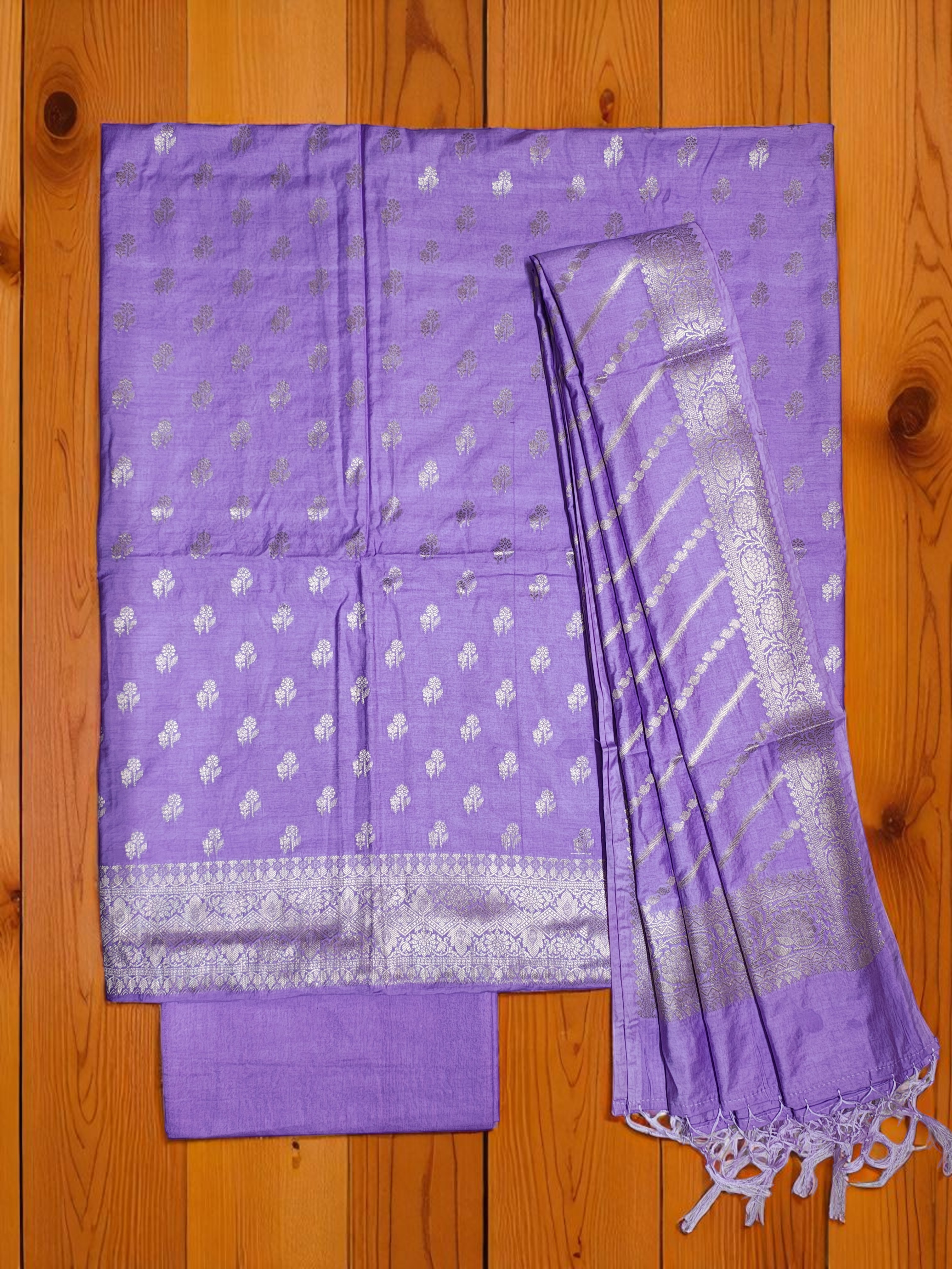 Lavender Banarasi Silk Unstitched Suit Set with dupatta for Women
