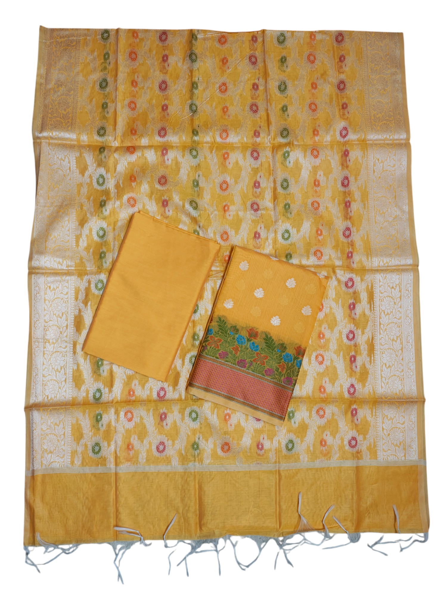 Yellow Banarasi Cotton Silk Dress Material for Women