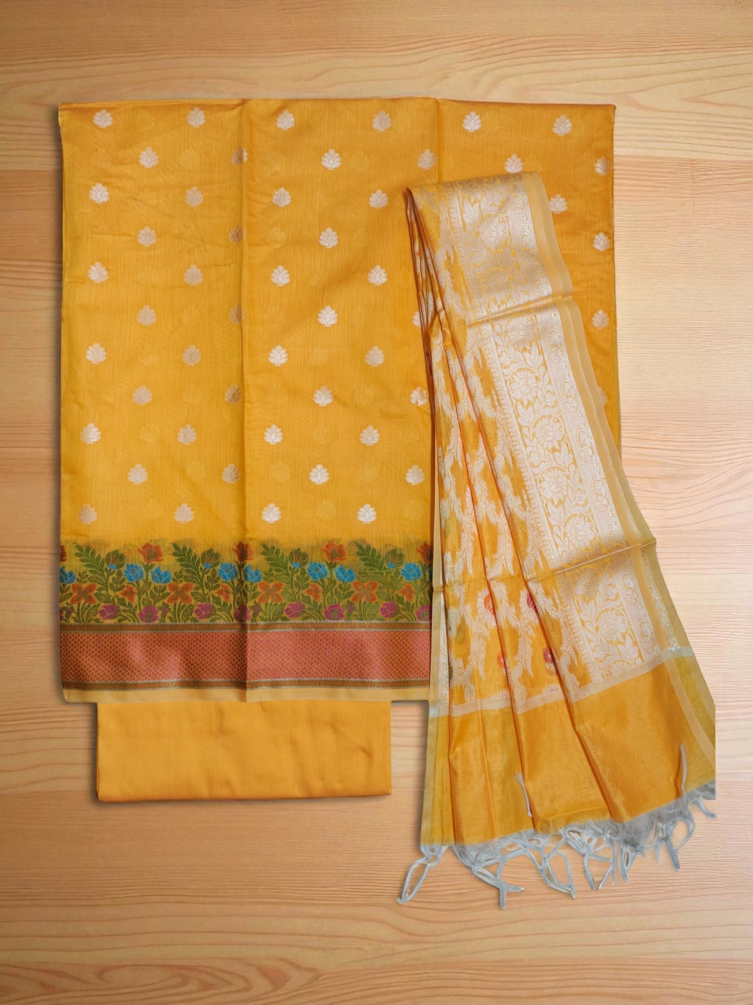 Yellow Banarasi Cotton Silk Dress Material for Women