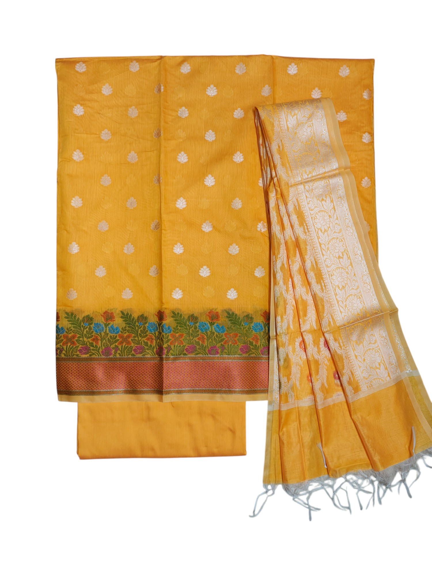 Yellow Banarasi Cotton Silk Dress Material for Women