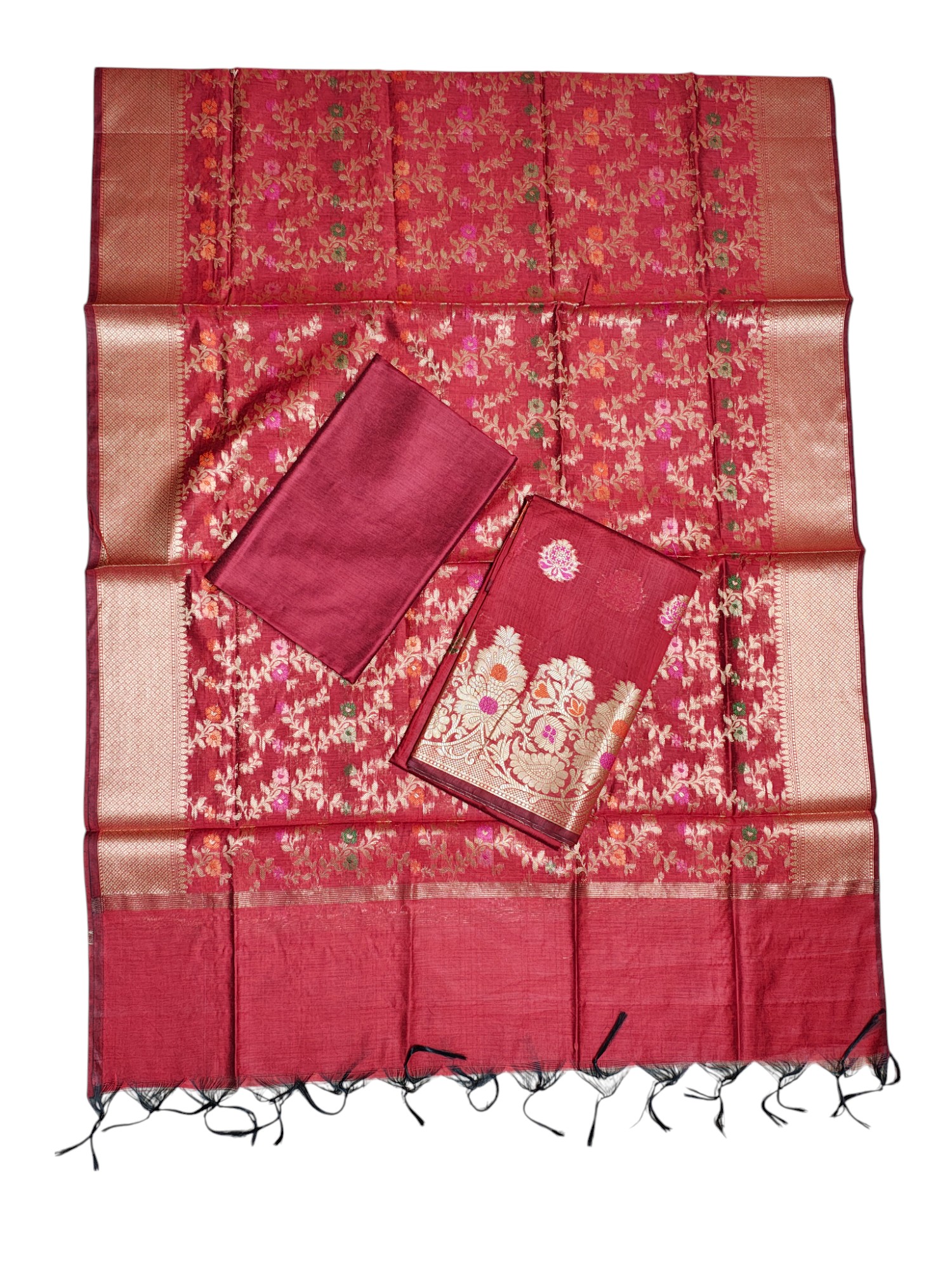 Red Banarasi Cotton Silk Unstitched Salwar Suit Set with Dupatta for Women