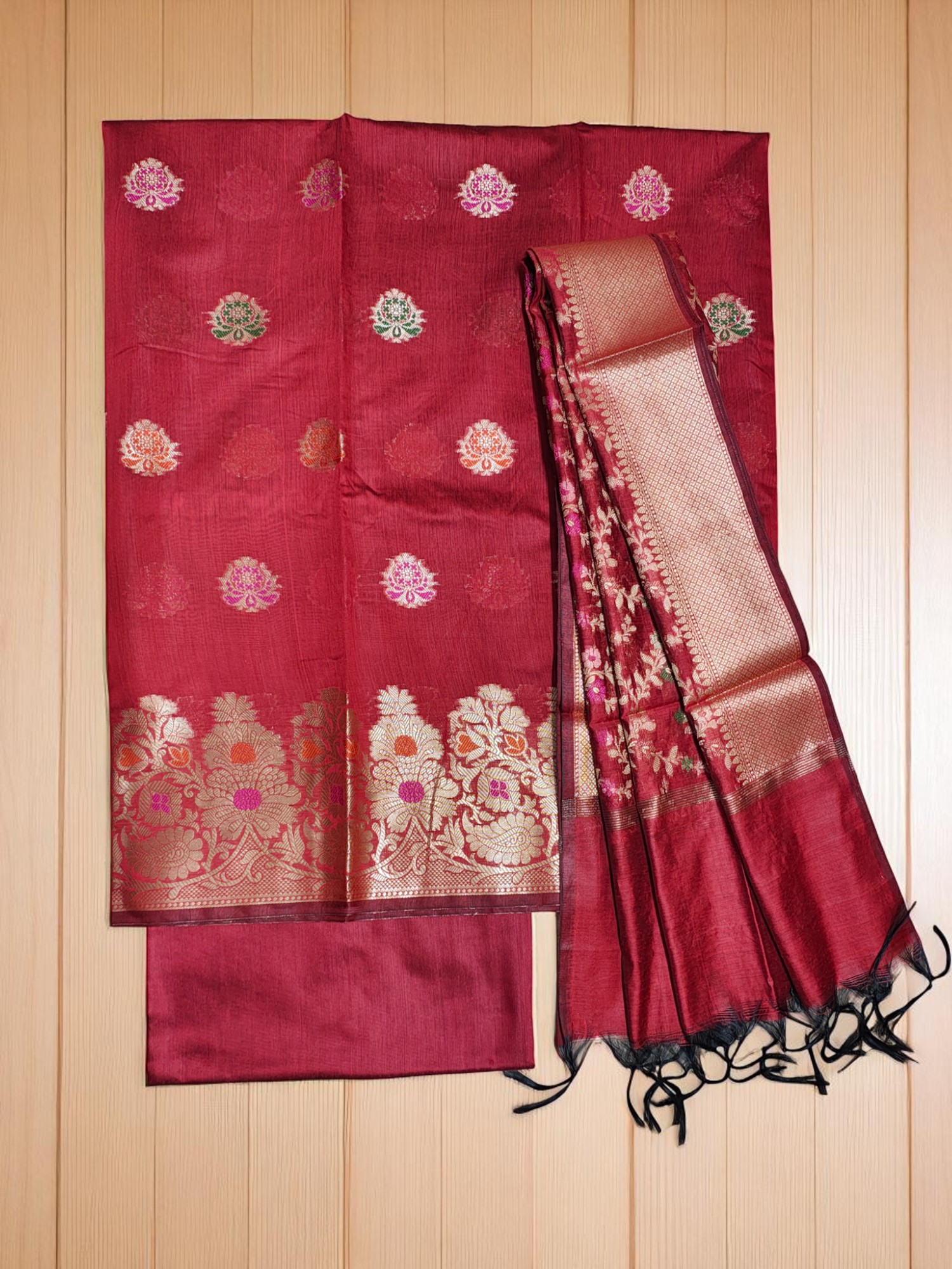 Red Banarasi Cotton Silk Unstitched Salwar Suit Set with Dupatta for Women