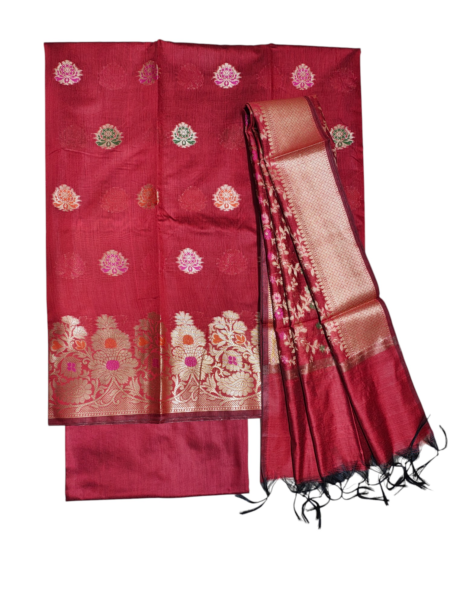 Red Banarasi Cotton Silk Unstitched Salwar Suit Set with Dupatta for Women