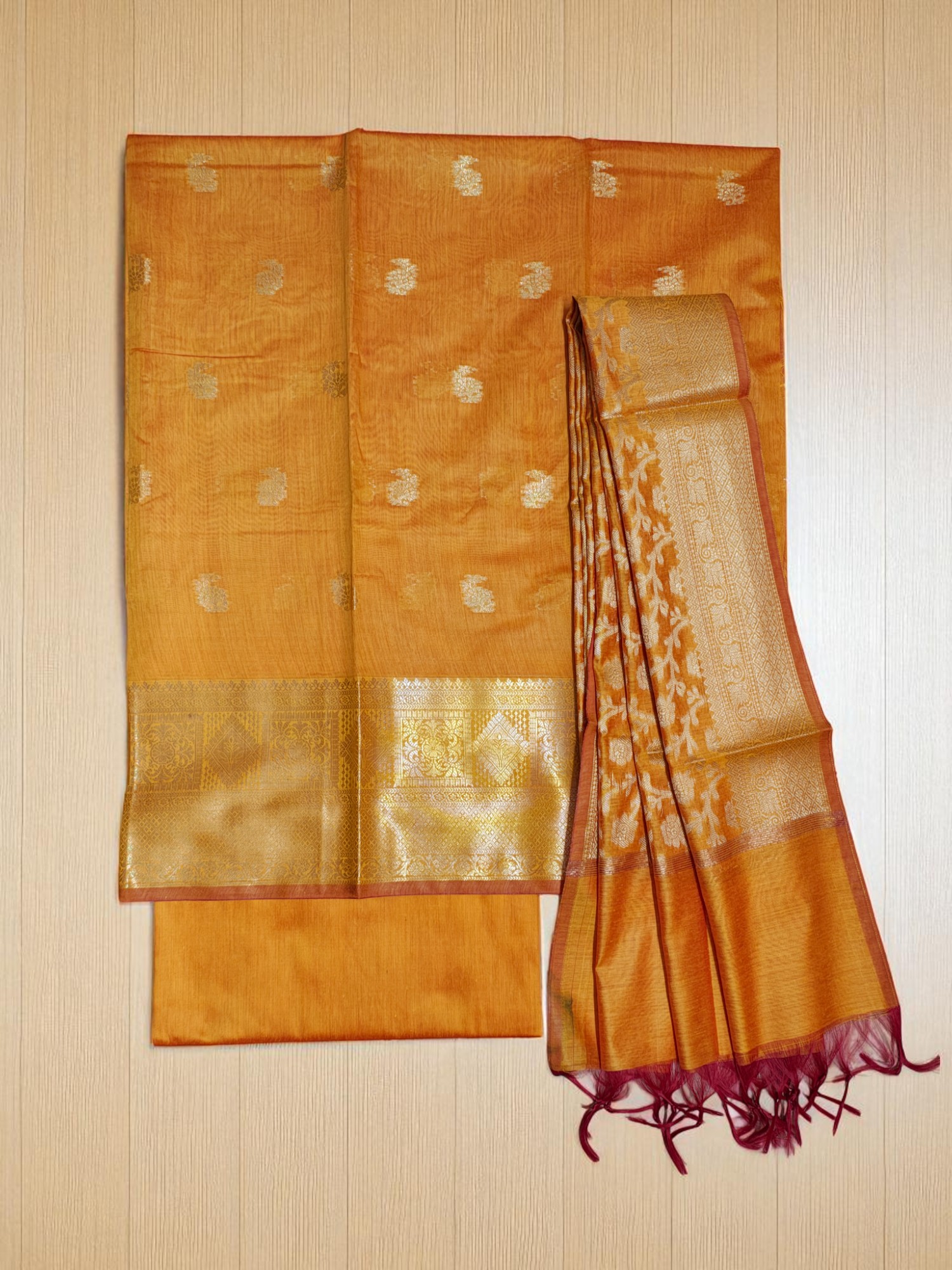 Mustard Unstitched Banarasi Cotton Silk Salwar Suit Dress Material for Women