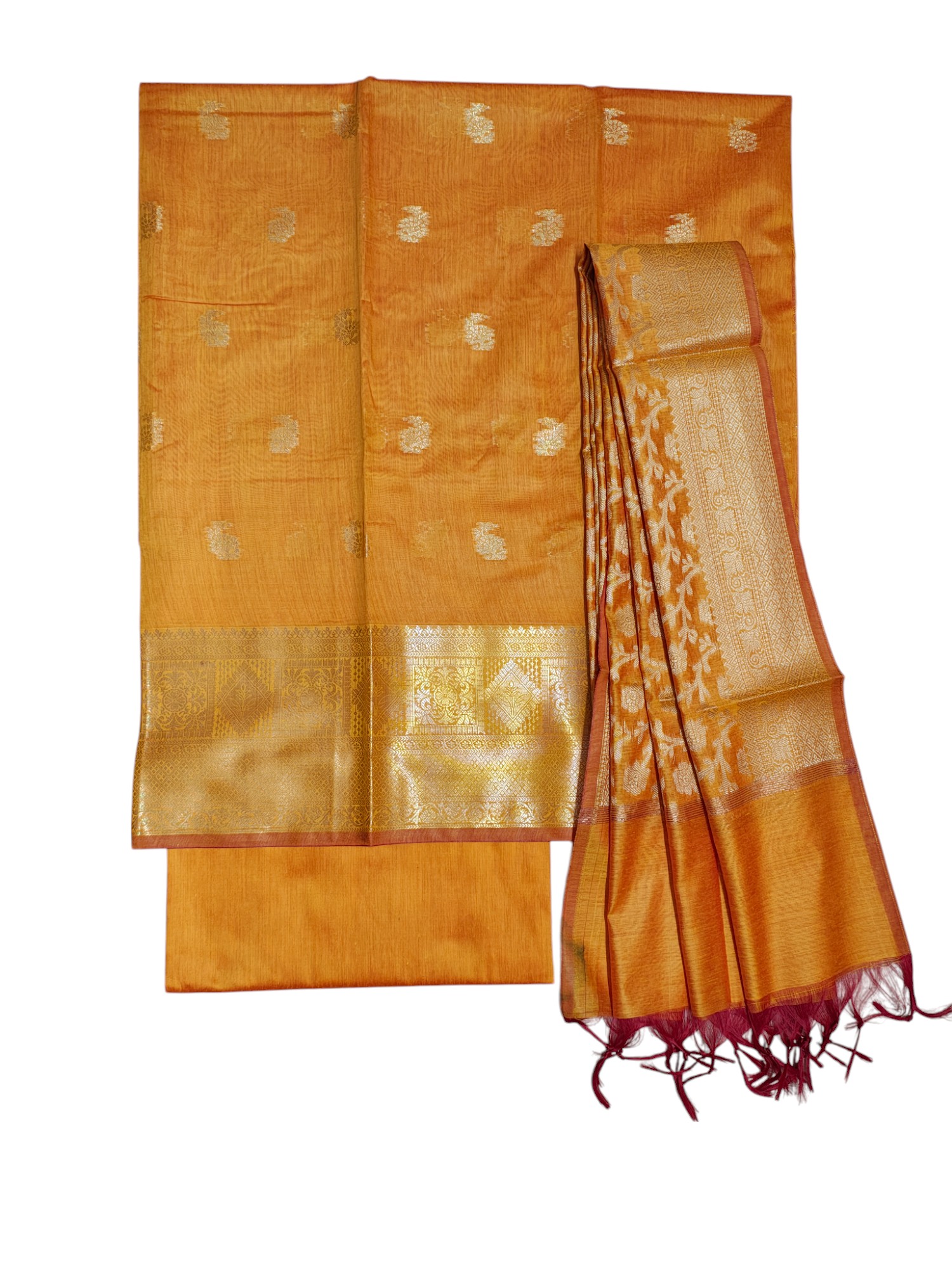 Mustard Unstitched Banarasi Cotton Silk Salwar Suit Dress Material for Women