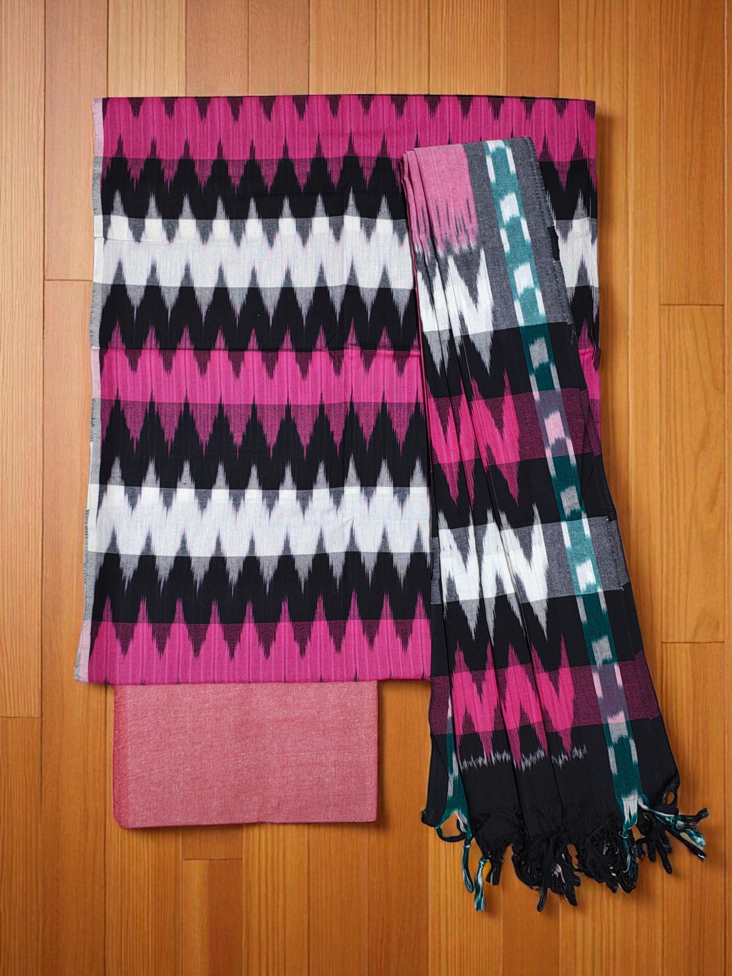 Pink & Orange Unstitched Pochampally Ikkat Salwar Suit Set with Dupatta for Women