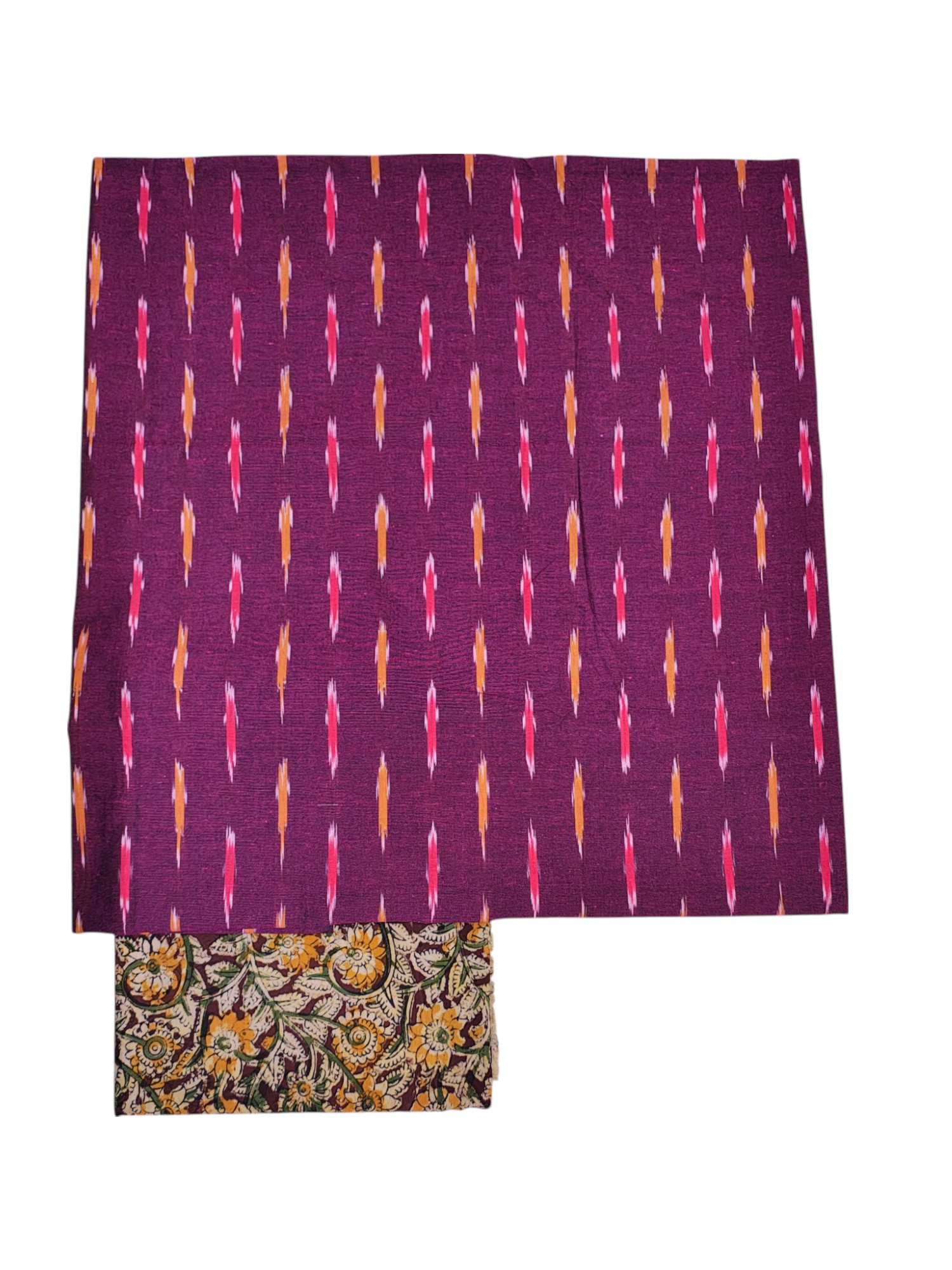 Orange Ikkat Kalamkari Unstitched Salwar Suit Set with Dupatta