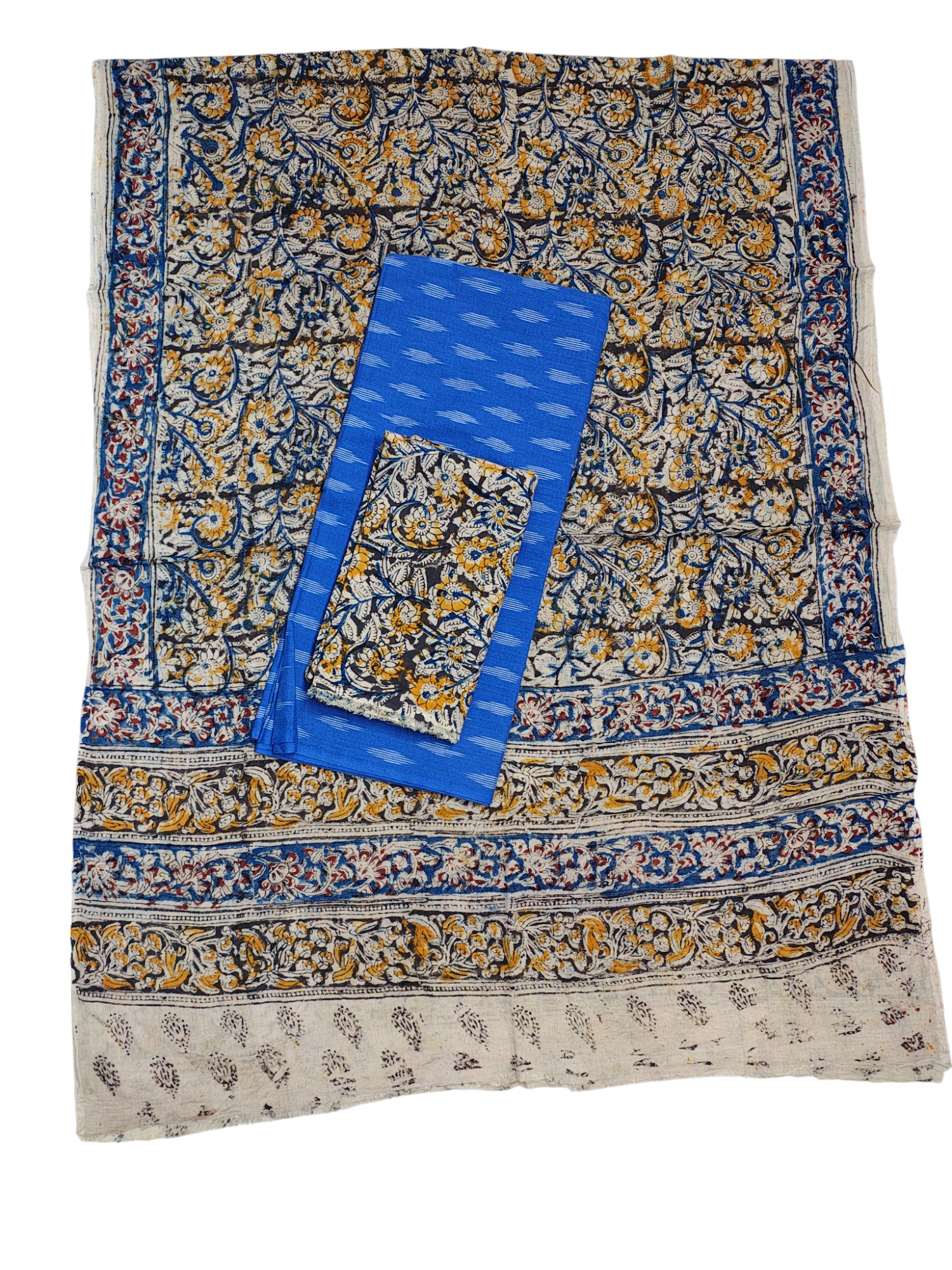 Blue Ikkat Kalamkari Unstitched Salwar Suit Set with Dupatta