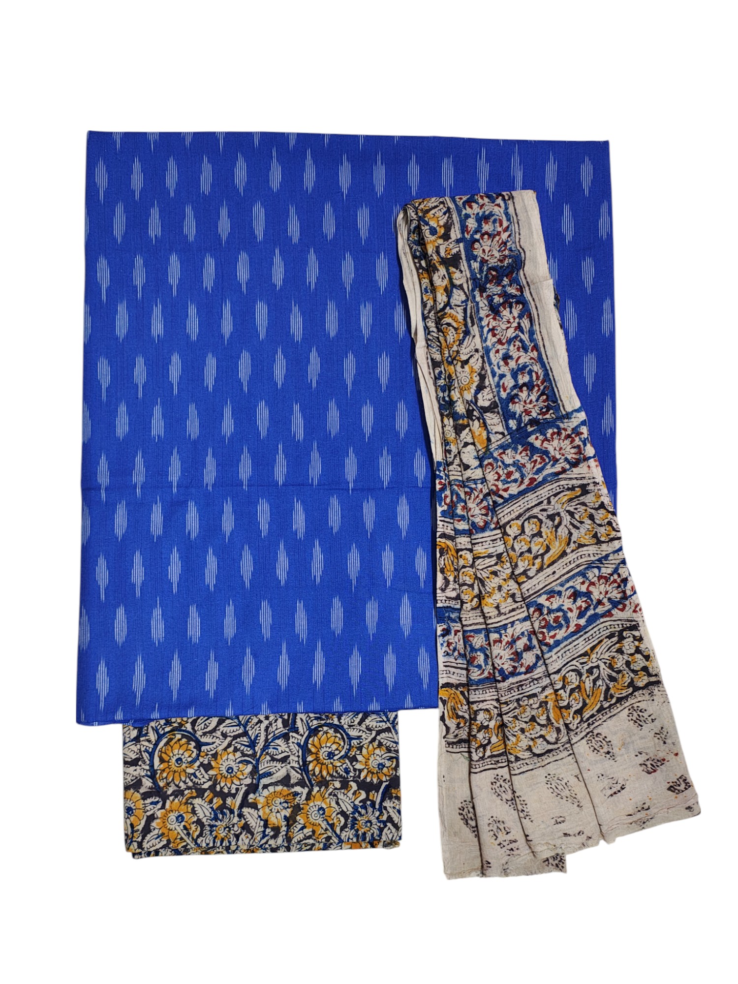 Blue Ikkat Kalamkari Unstitched Salwar Suit Set with Dupatta