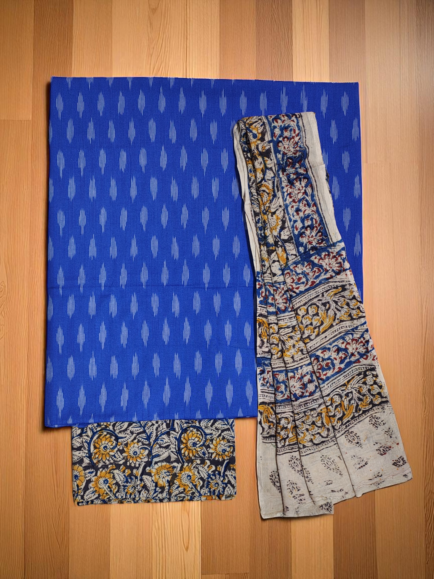 Blue Ikkat Kalamkari Unstitched Salwar Suit Set with Dupatta