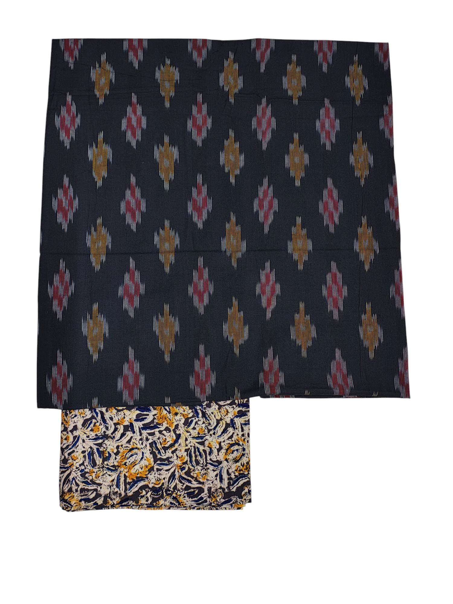 Black Ikkat Kalamkari Unstitched Salwar Suit Set with Dupatta