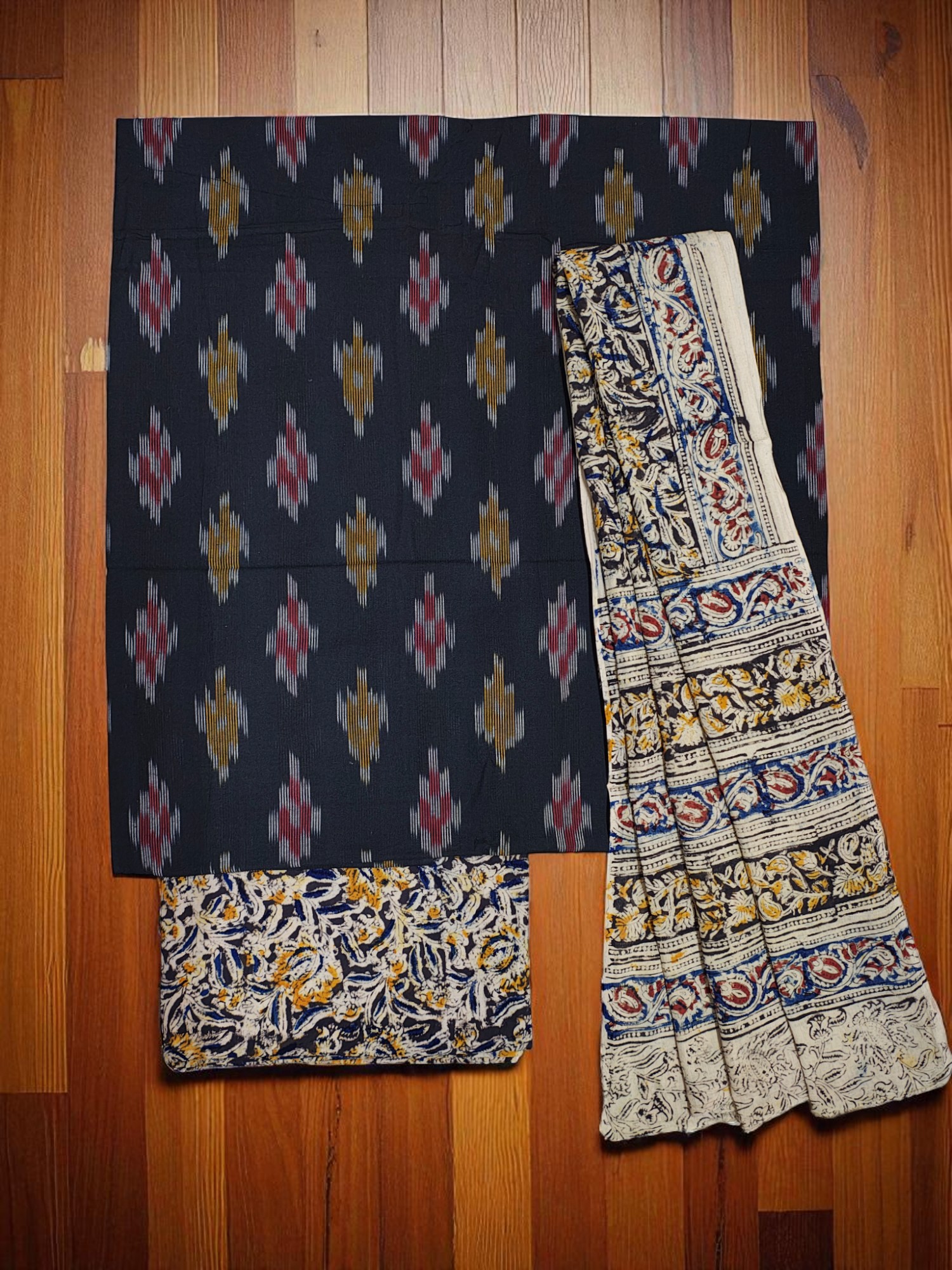 Black Ikkat Kalamkari Unstitched Salwar Suit Set with Dupatta