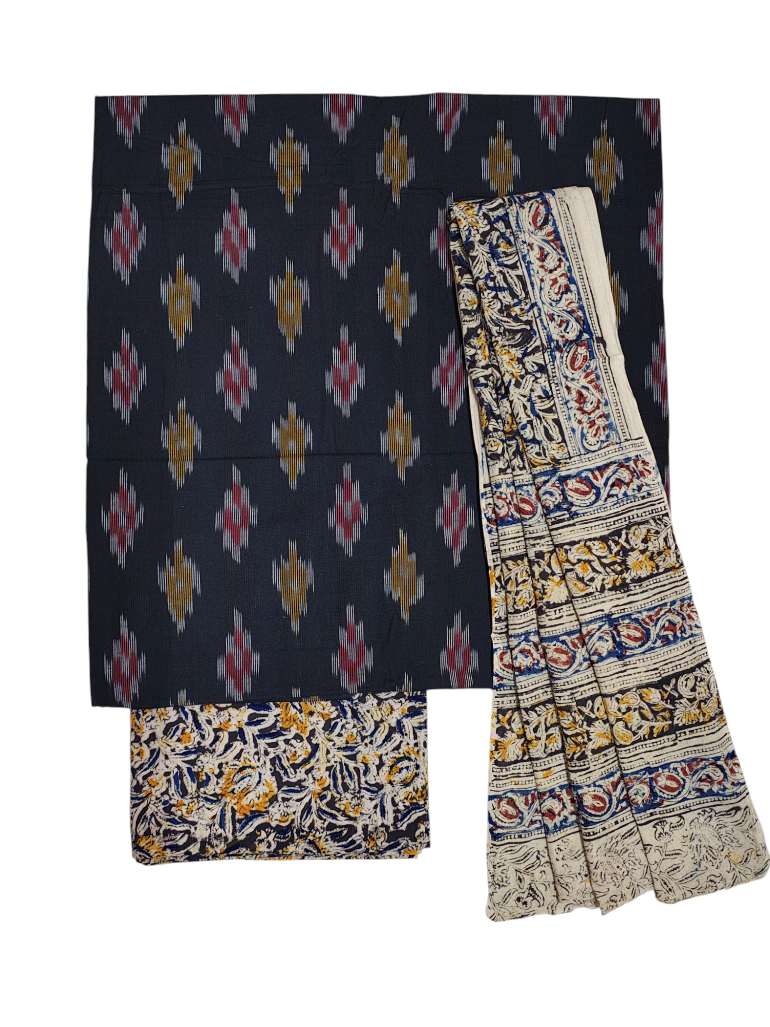 Black Ikkat Kalamkari Unstitched Salwar Suit Set with Dupatta