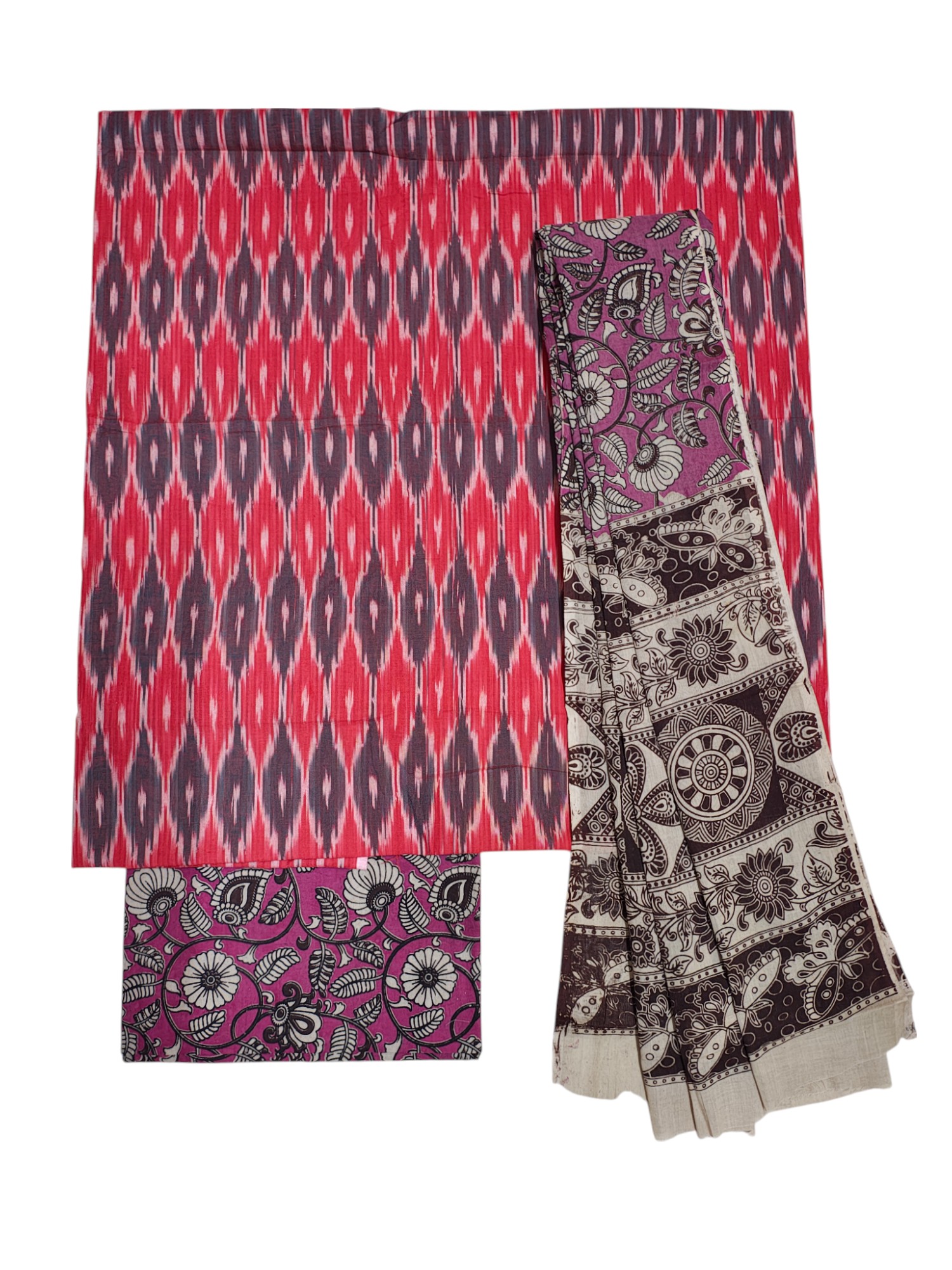 Red & Purple Kalamkari Unstitched Salwar Suit Set with Dupatta