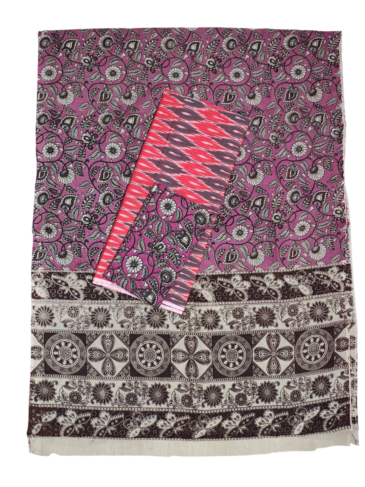Red & Purple Kalamkari Unstitched Salwar Suit Set with Dupatta