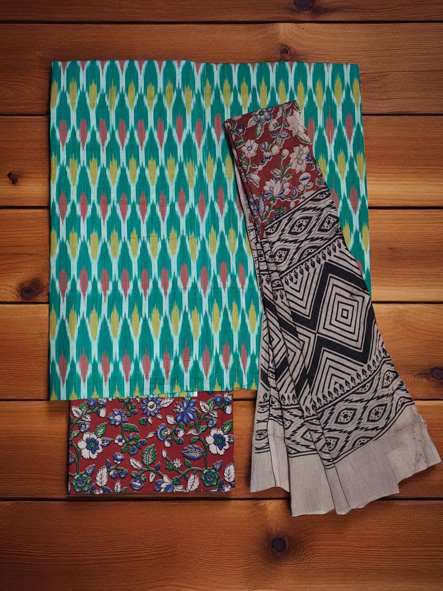 Green & Maroon Kalamkari Dress Materials