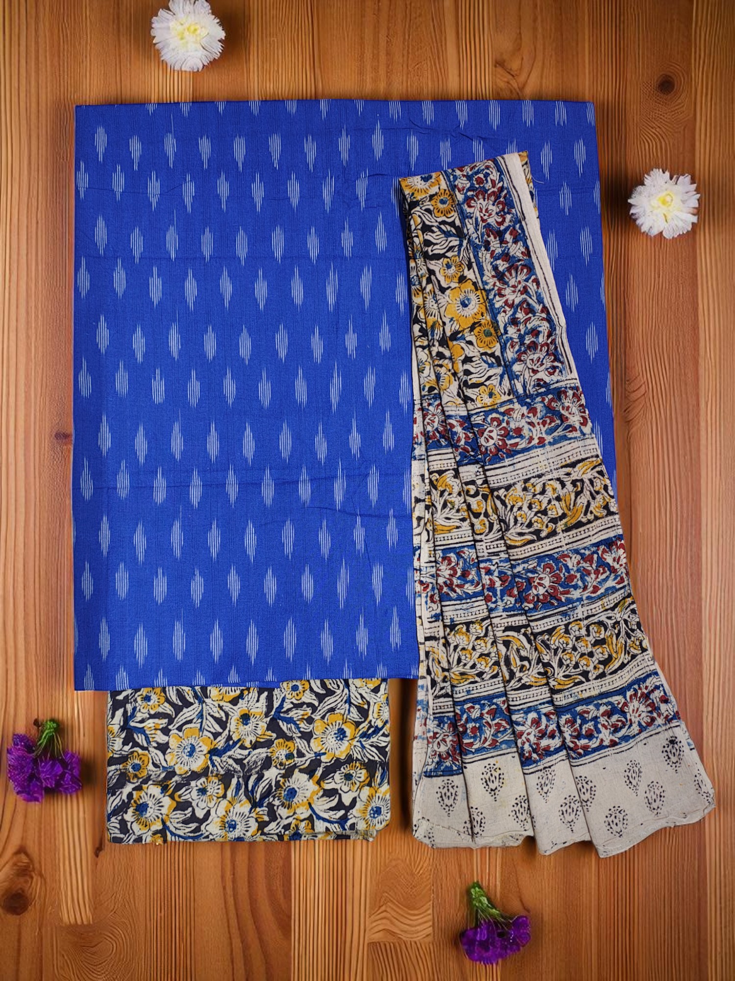 Blue Kalamkari Unstitched Salwar Suit Set with Dupatta