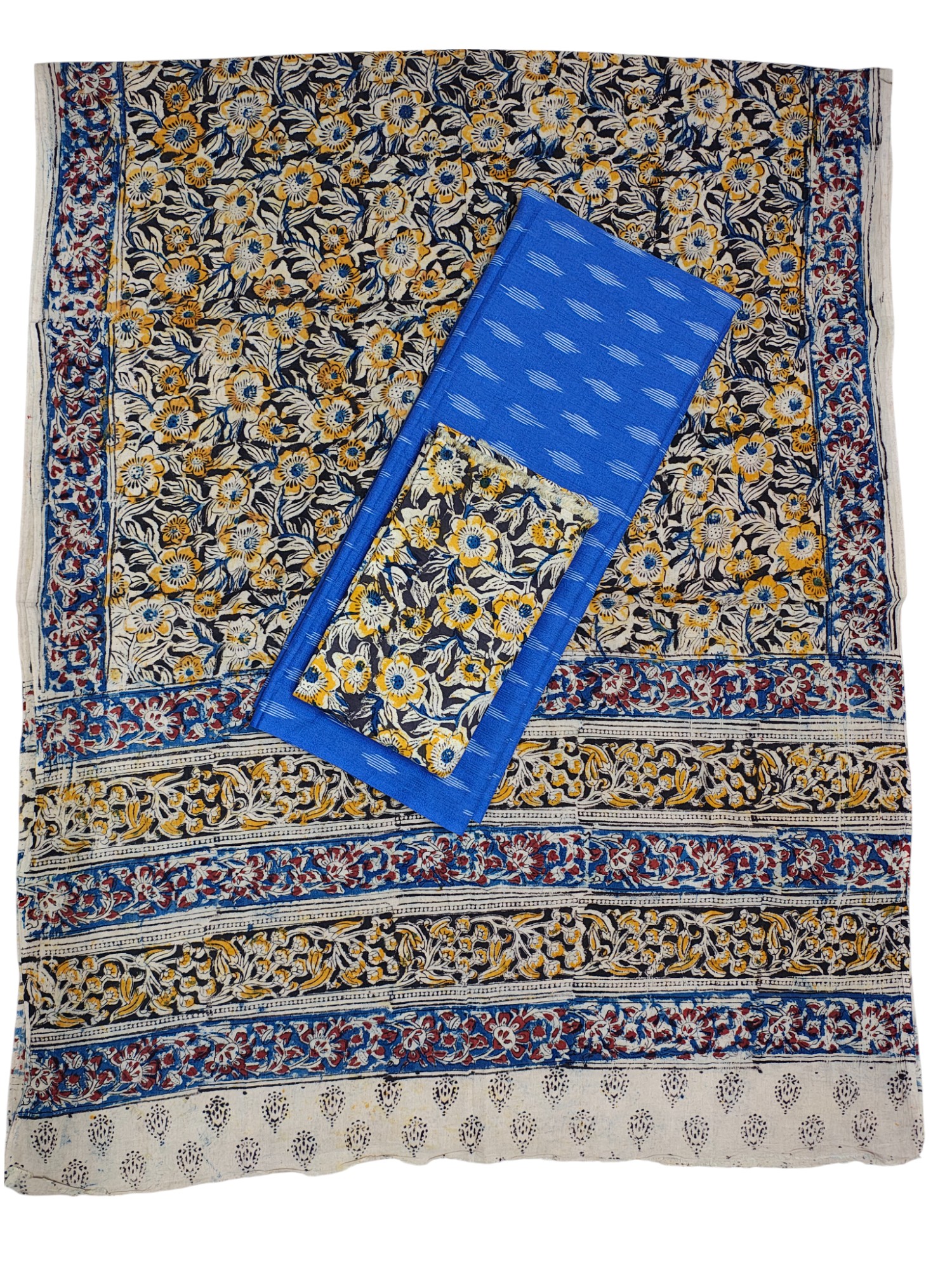 Blue Kalamkari Unstitched Salwar Suit Set with Dupatta