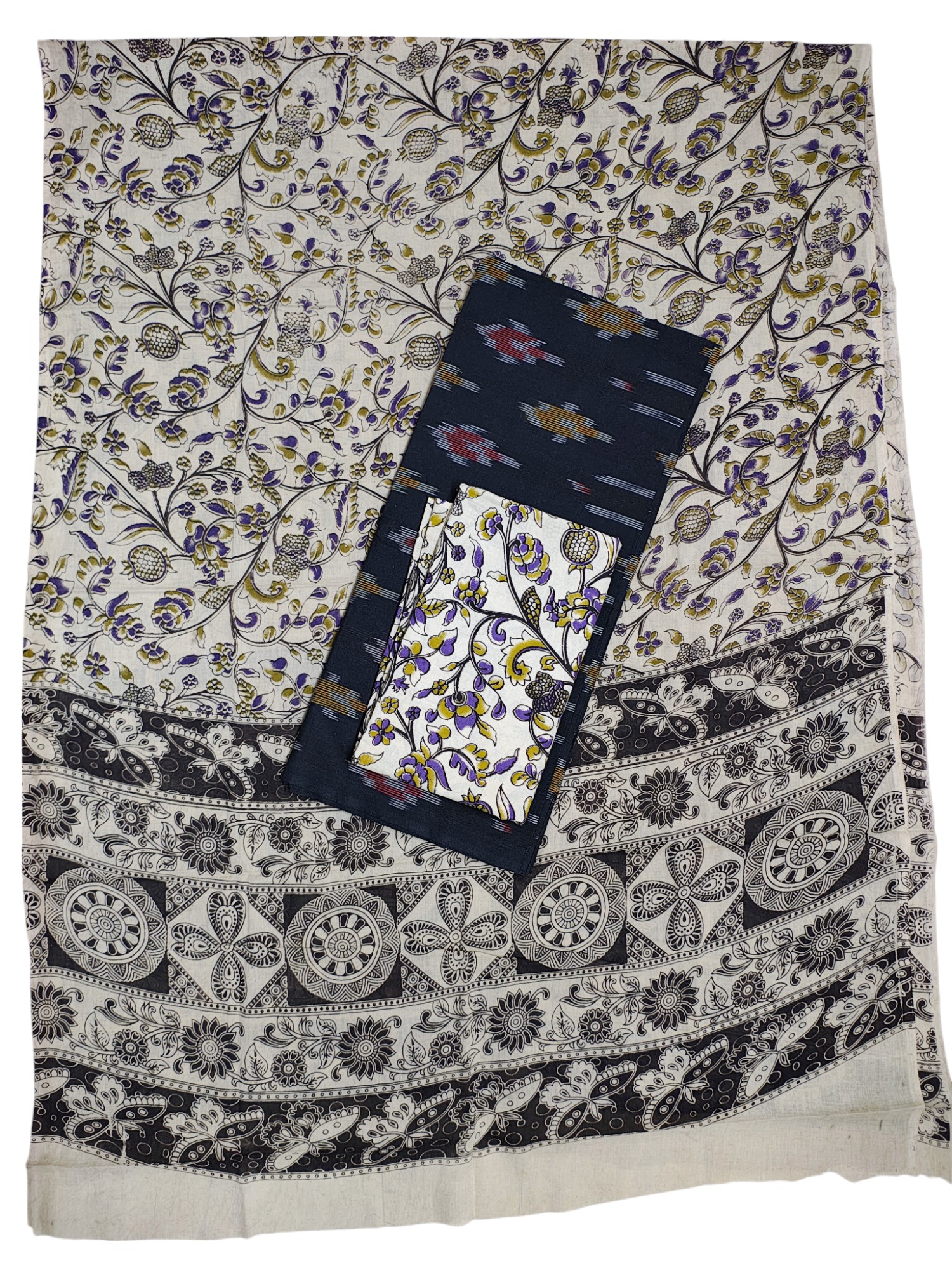 Black Kalamkari Unstitched Salwar Suit Set with Dupatta