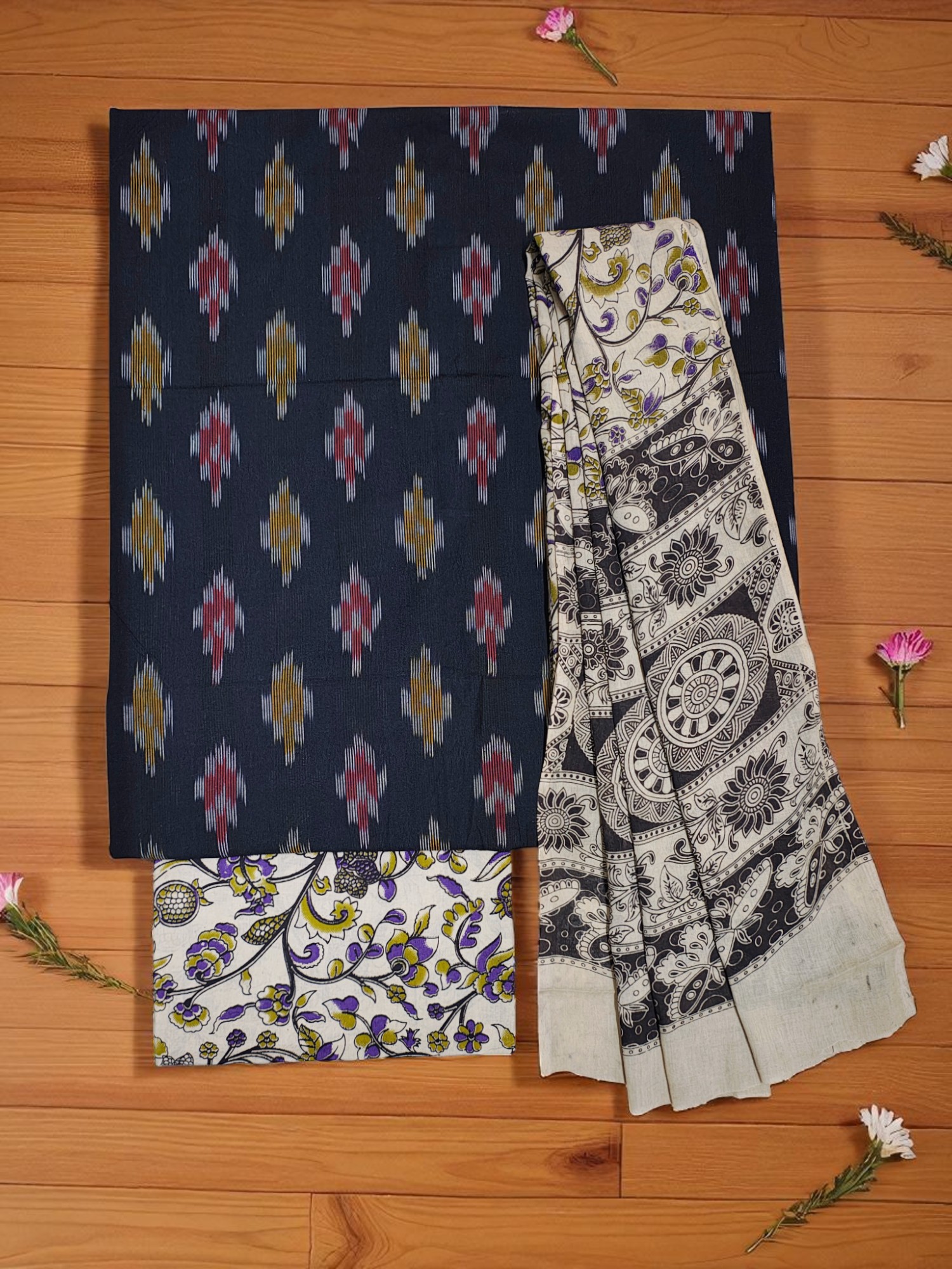 Black Kalamkari Unstitched Salwar Suit Set with Dupatta