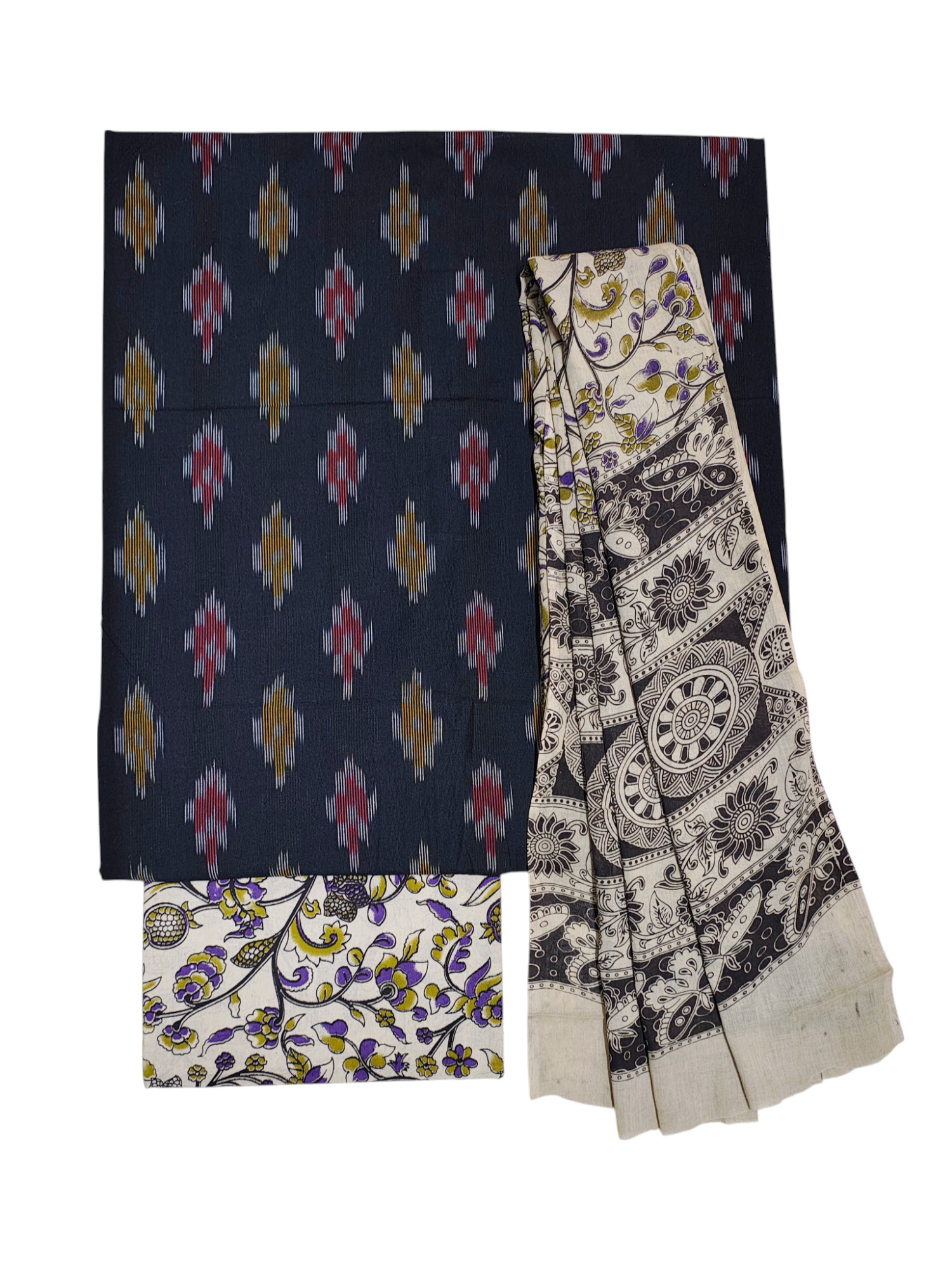 Black Kalamkari Unstitched Salwar Suit Set with Dupatta