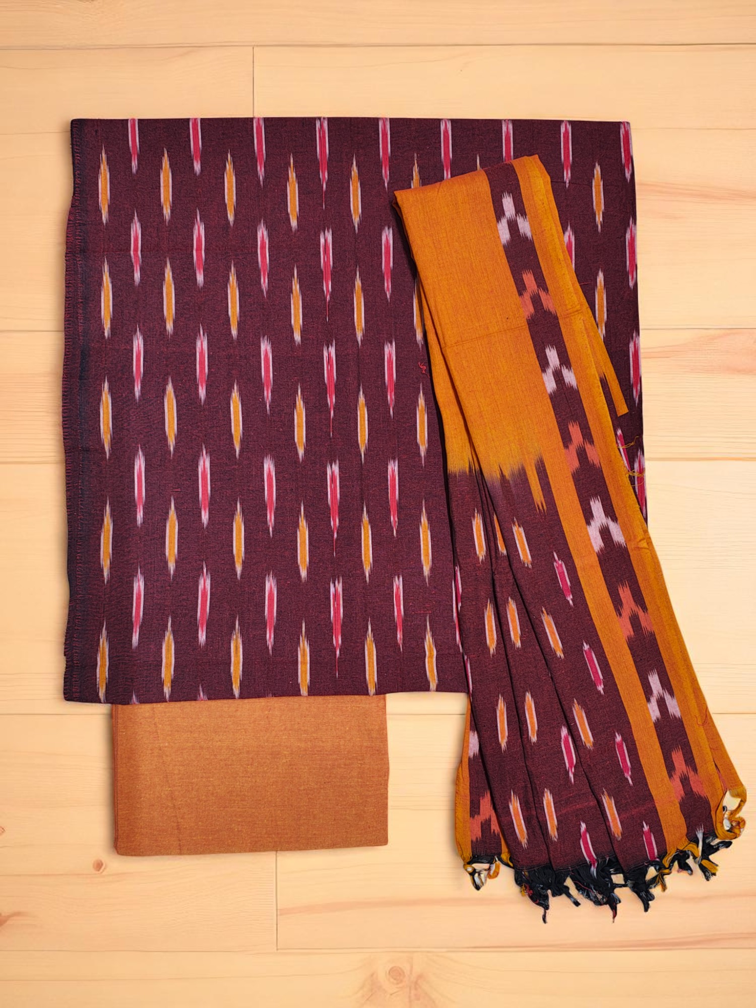 Pink & Orange Unstitched Pochampally Ikkat Salwar Suit Dress Material with Dupatta for Women