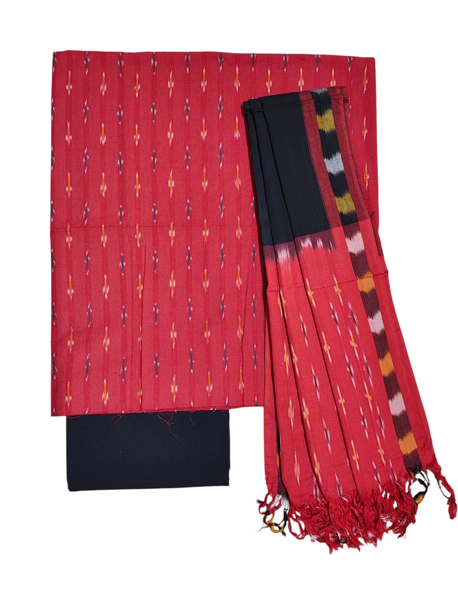 Red Pochampally Ikkat Cotton Dress Material with Dupatta