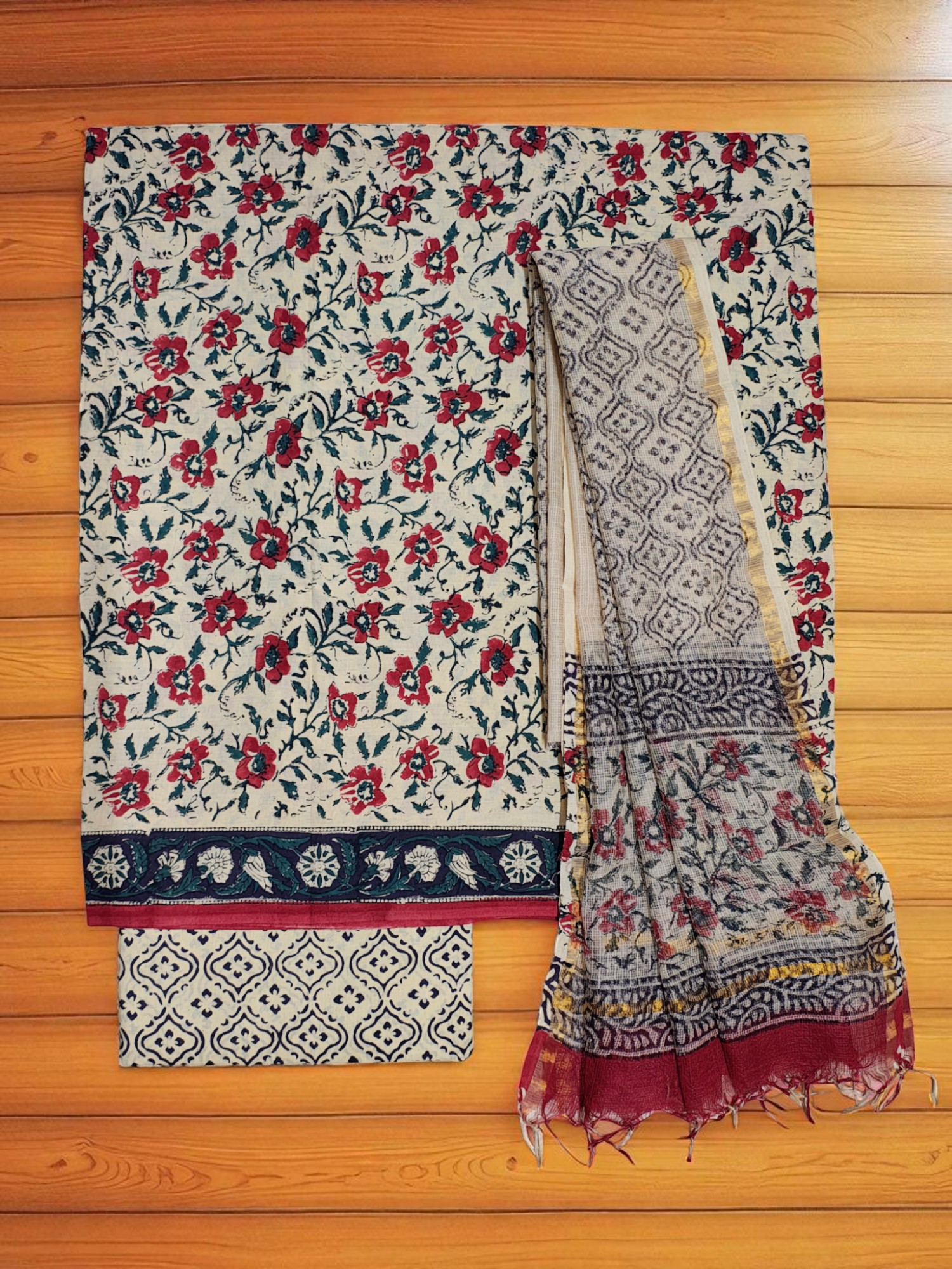 Beige & Maroon Bagru Print Kota Doria Dress Material