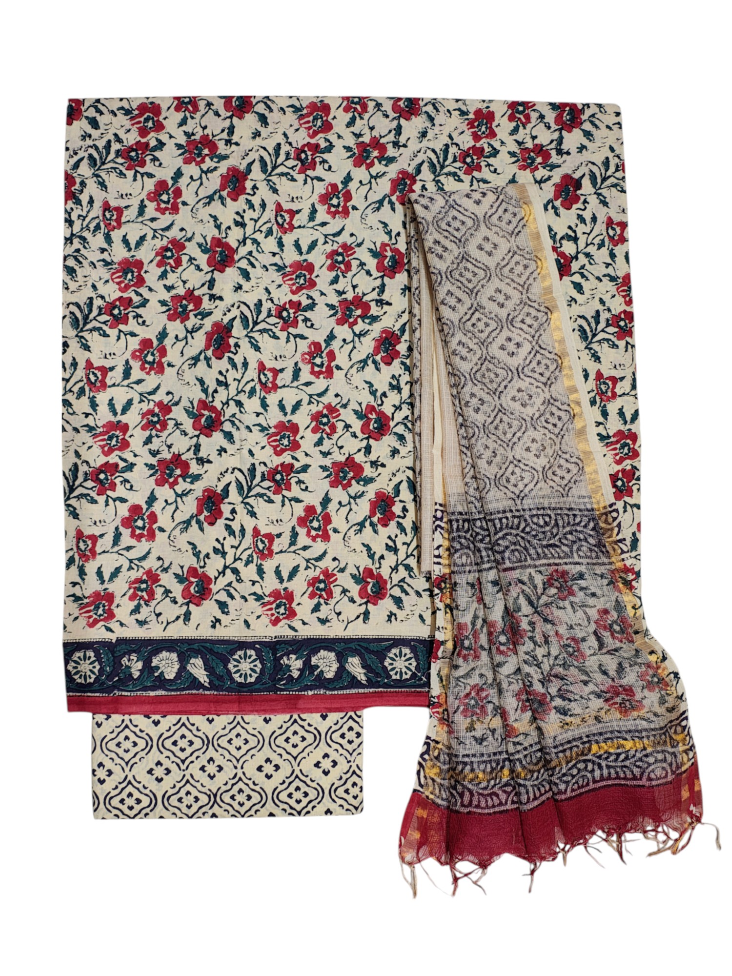Beige & Maroon Bagru Print Kota Doria Dress Material