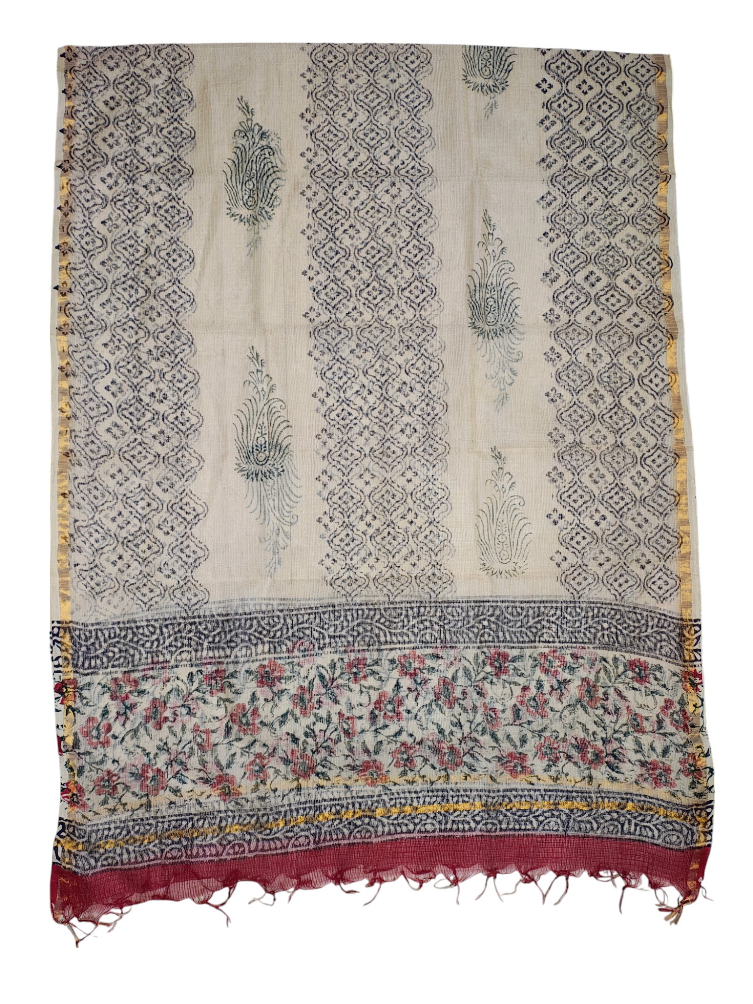 Beige & Maroon Bagru Print Kota Doria Dress Material