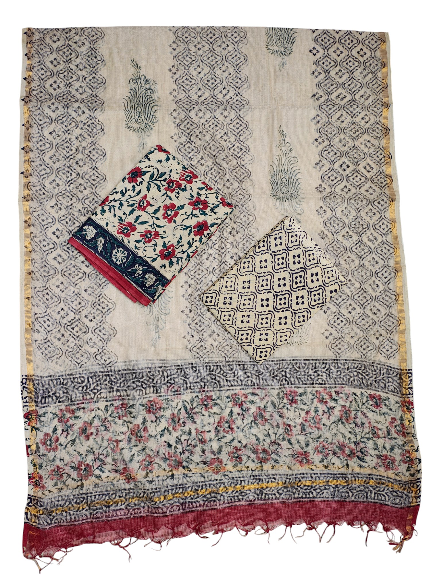Beige & Maroon Bagru Print Kota Doria Dress Material